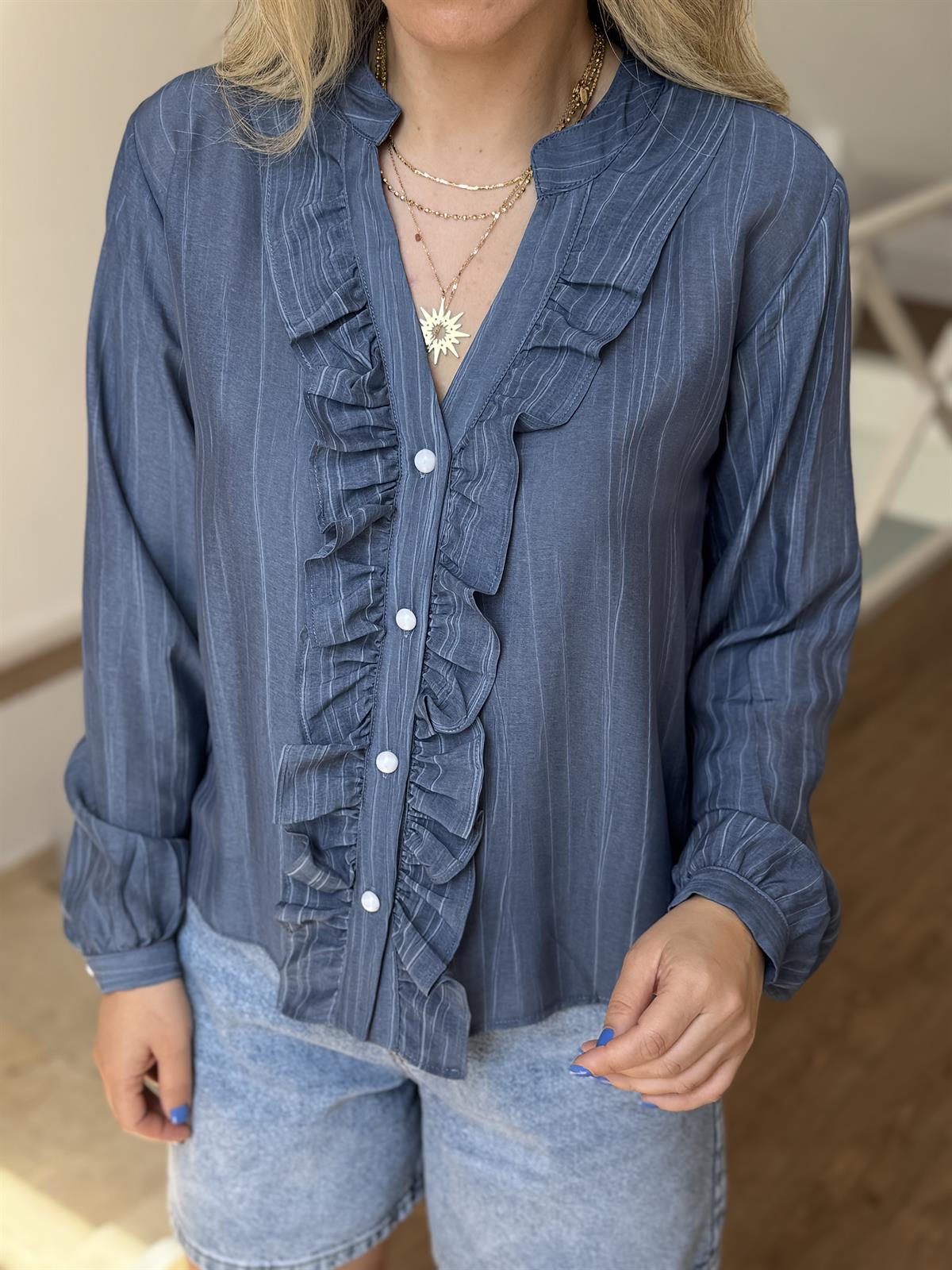 Önü Fırfırlı Çizgili Gömlek - İndigo