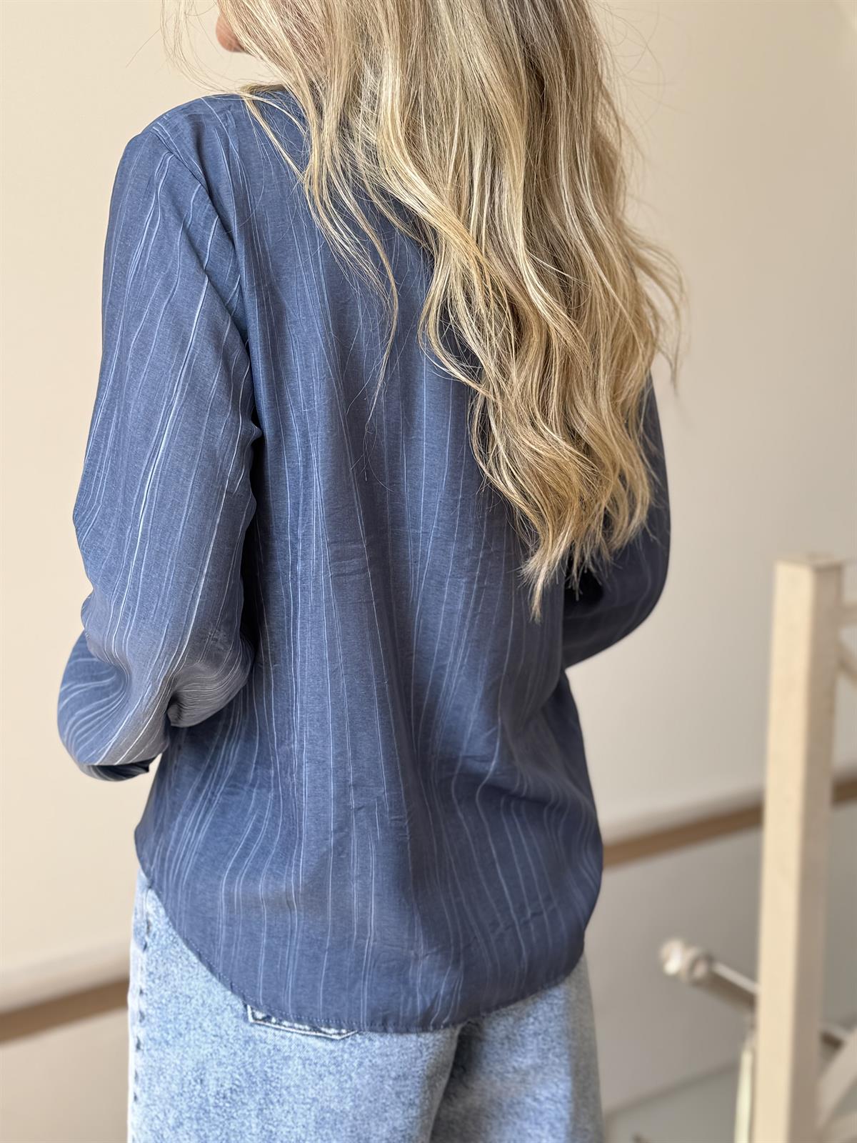 Önü Fırfırlı Çizgili Gömlek - İndigo