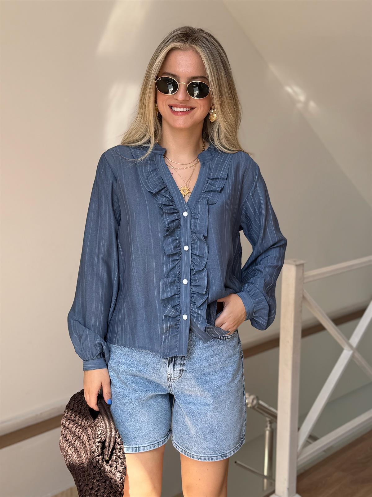 Önü Fırfırlı Çizgili Gömlek - İndigo