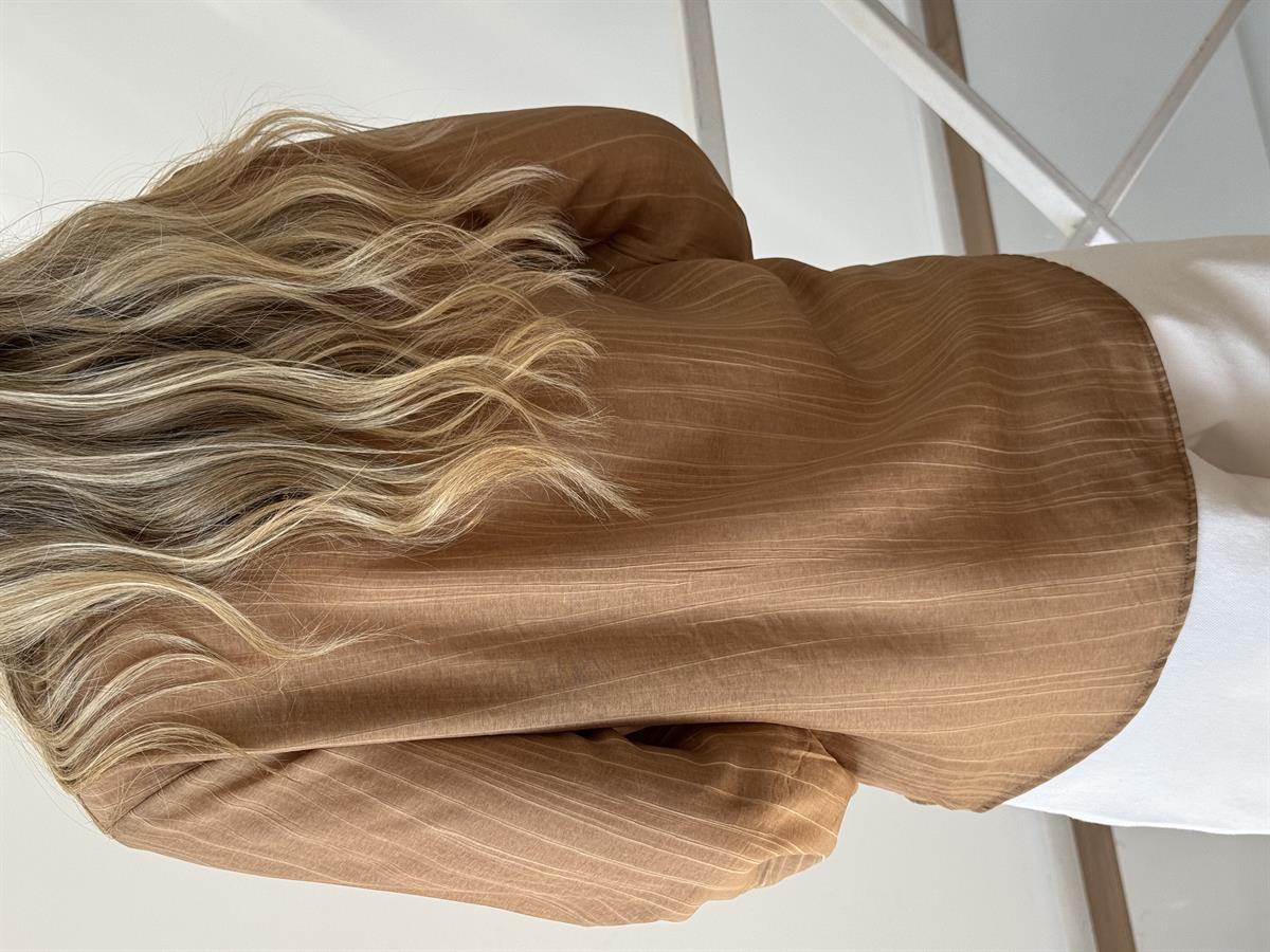 Önü Fırfırlı Çizgili Gömlek - Kahverengi