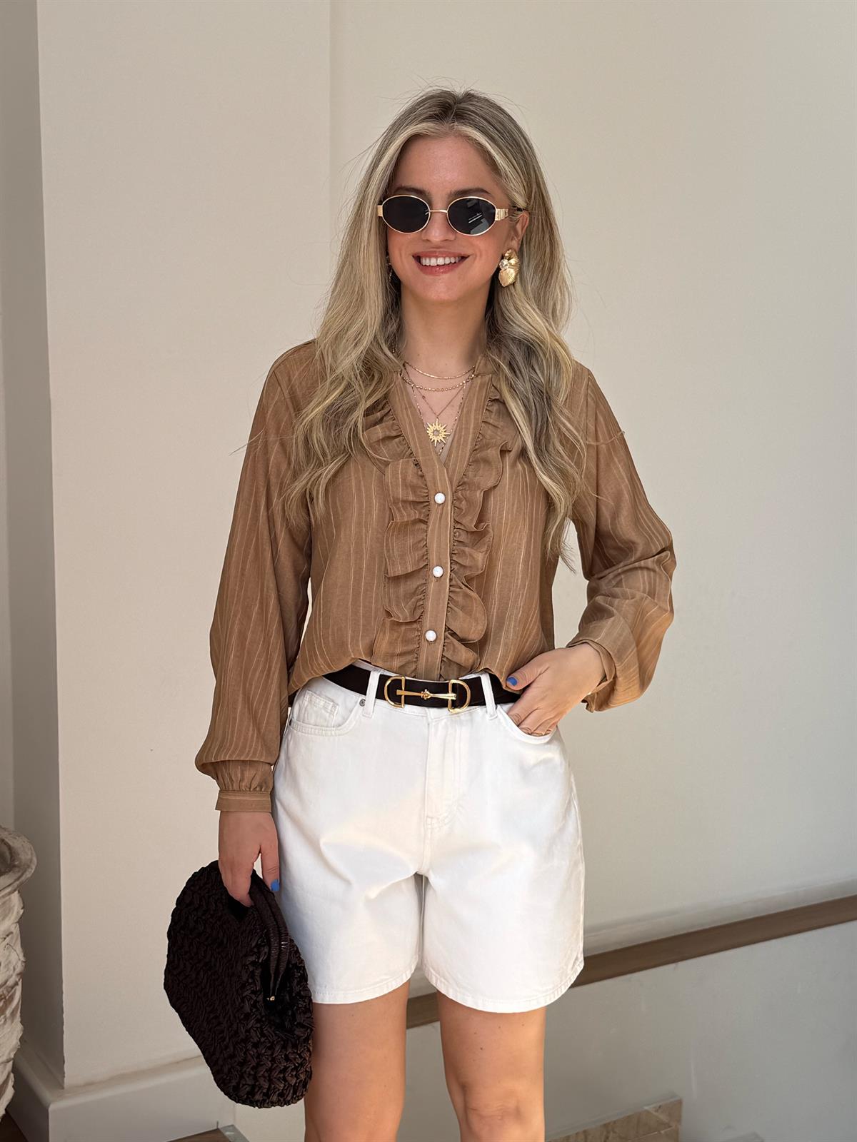 Önü Fırfırlı Çizgili Gömlek - Kahverengi