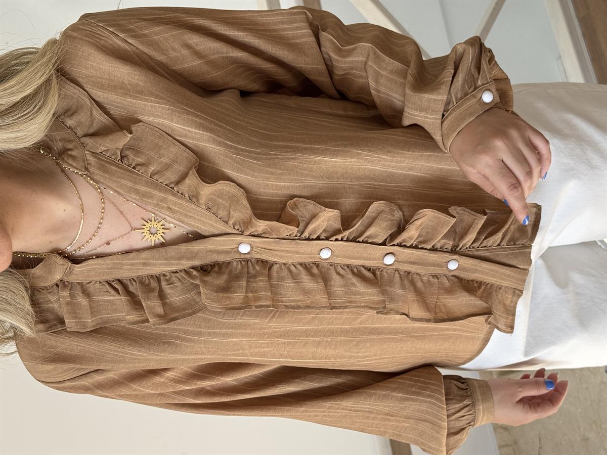 Önü Fırfırlı Çizgili Gömlek - Kahverengi