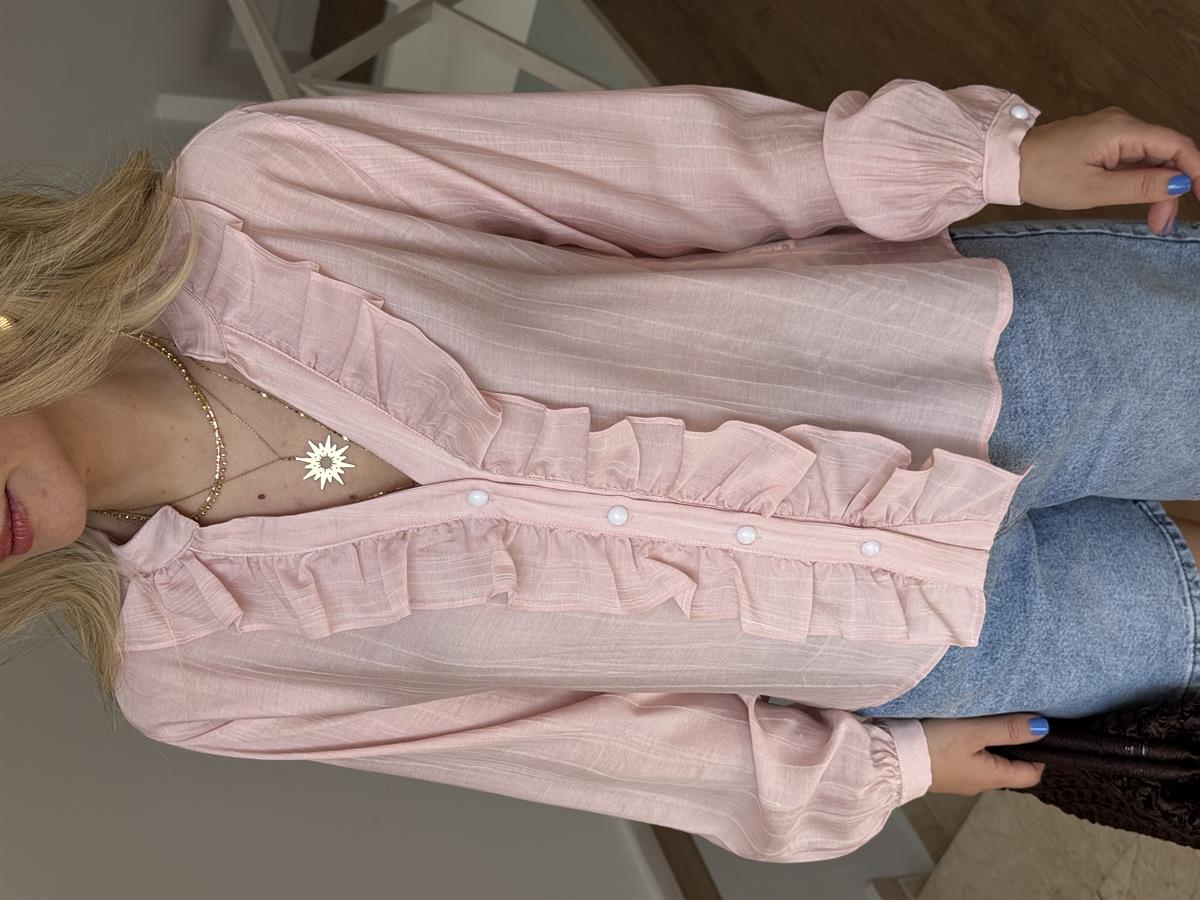 Önü Fırfırlı Çizgili Gömlek - Pembe