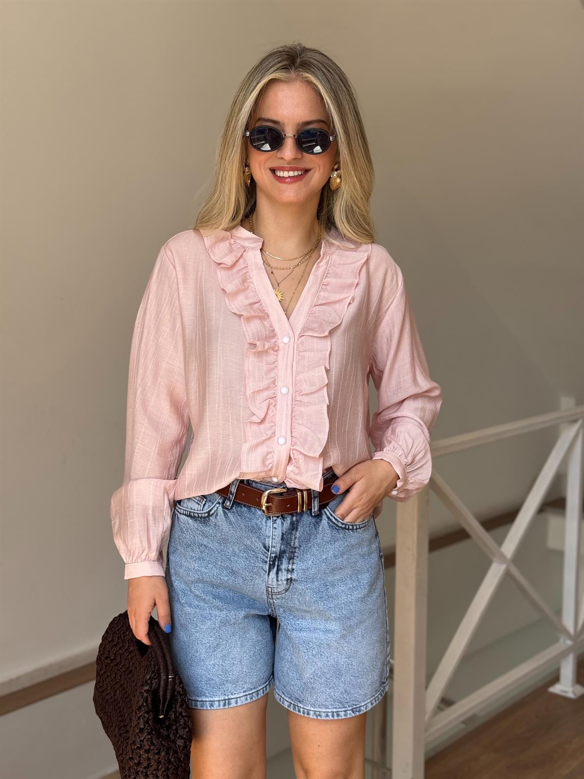 Önü Fırfırlı Çizgili Gömlek - Pembe