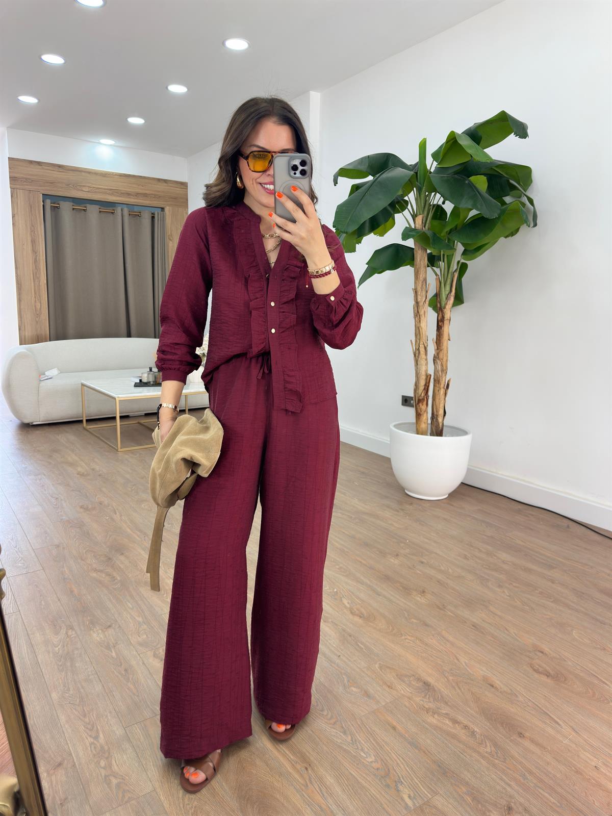 Önü Fırfırlı Gömlek Pantolon Takım - Bordo