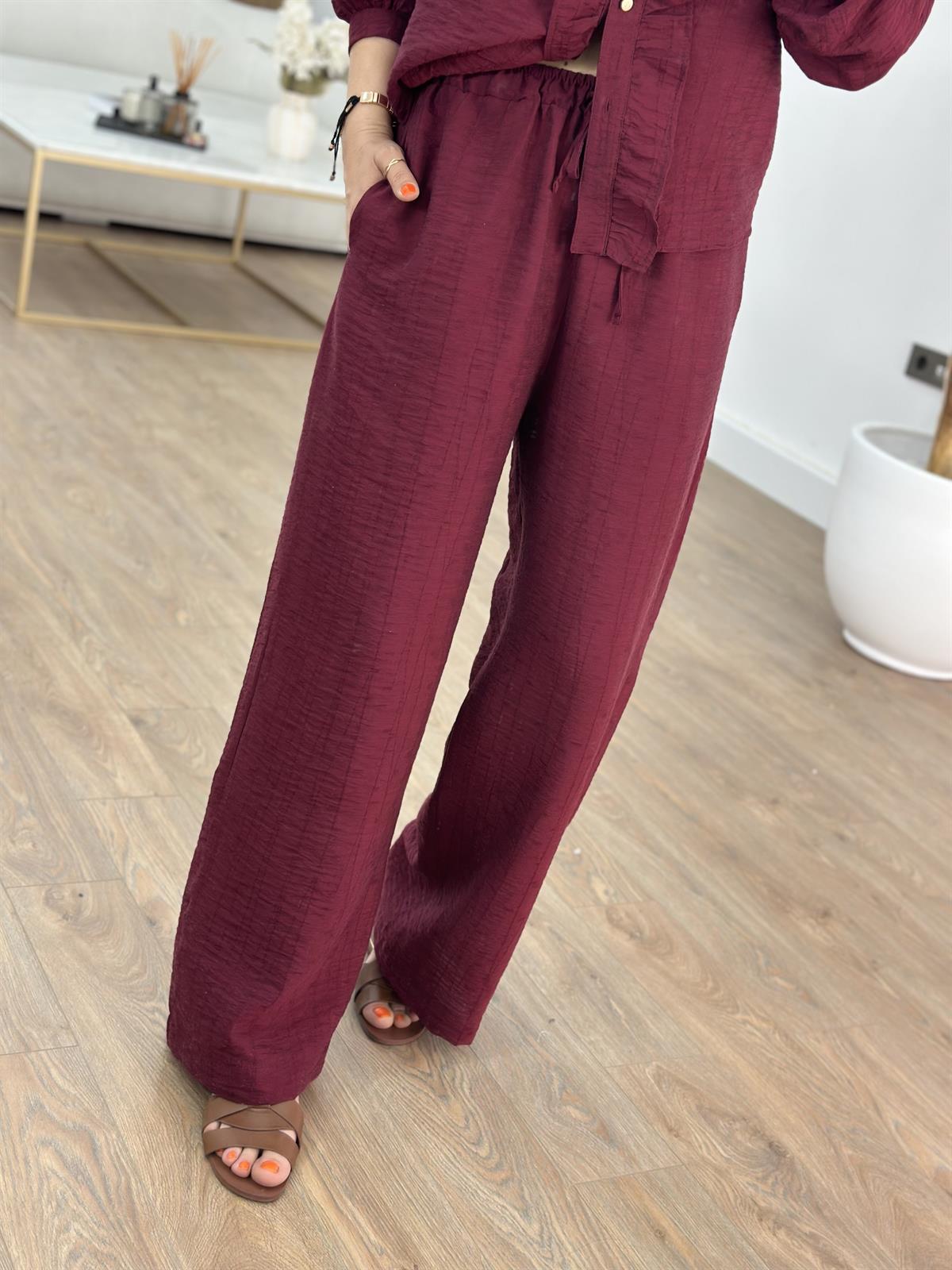 Önü Fırfırlı Gömlek Pantolon Takım - Bordo