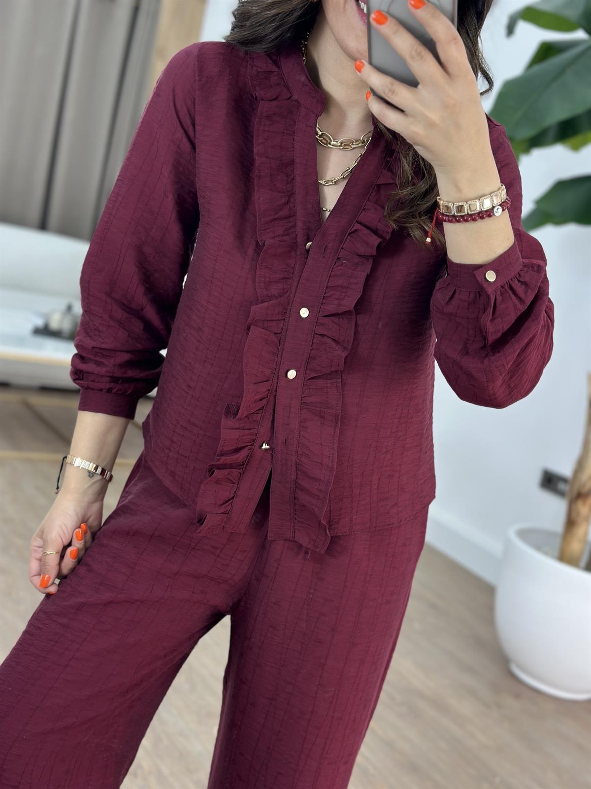 Önü Fırfırlı Gömlek Pantolon Takım - Bordo