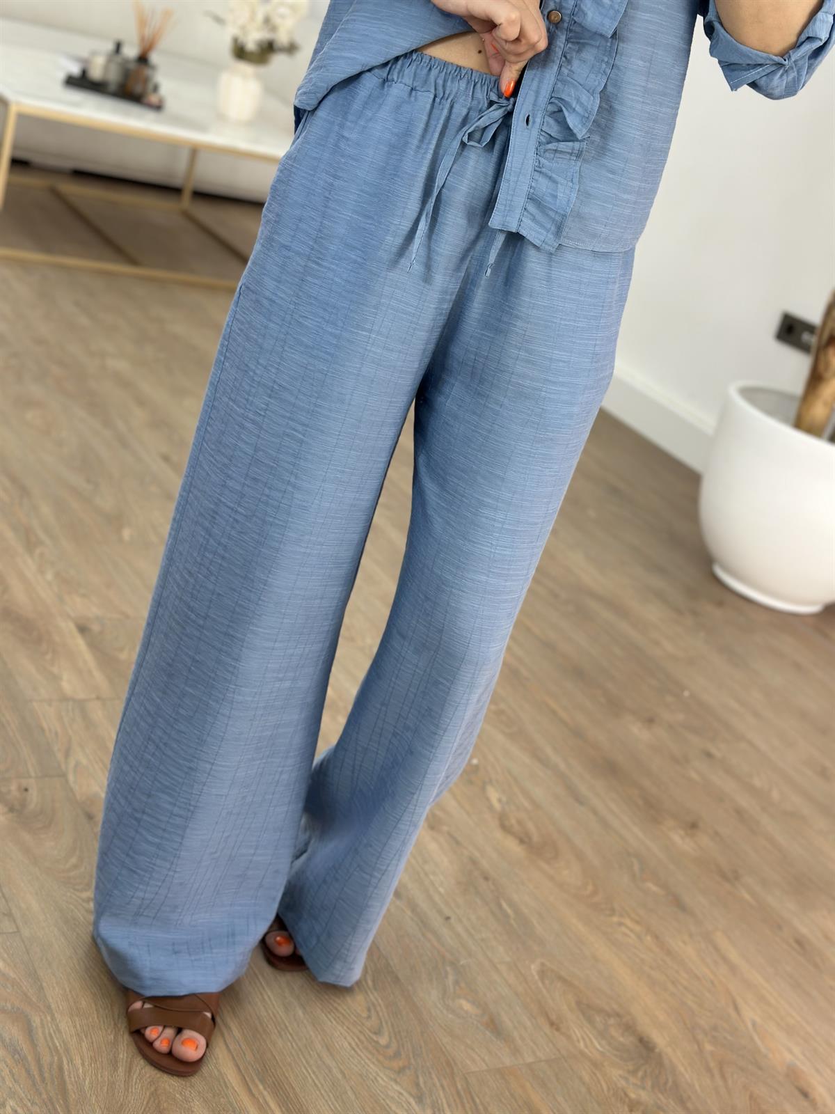 Önü Fırfırlı Gömlek Pantolon Takım - Mavi