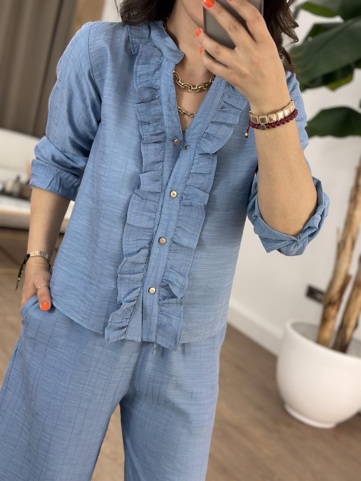 Önü Fırfırlı Gömlek Pantolon Takım - Mavi