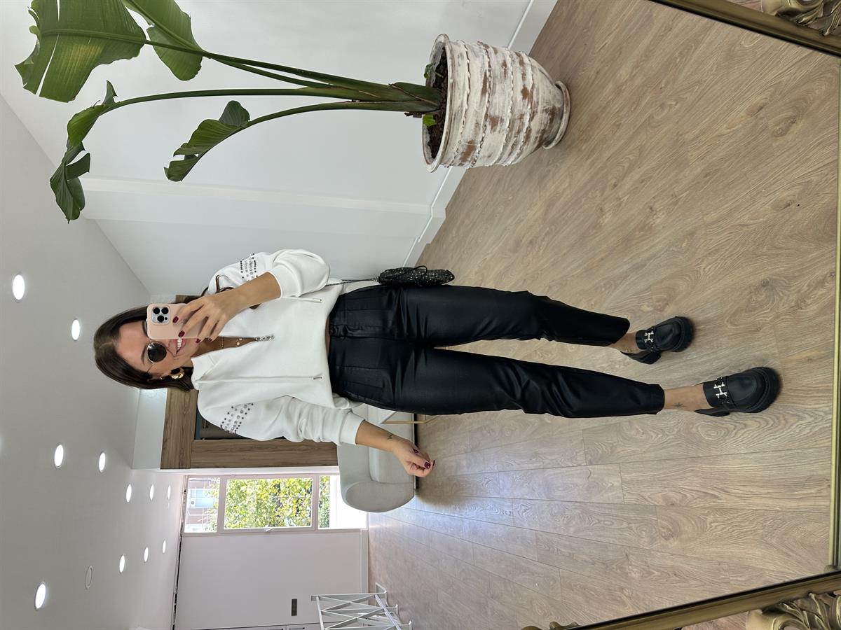 Önü Flatolu Metalik Pantolon-Siyah