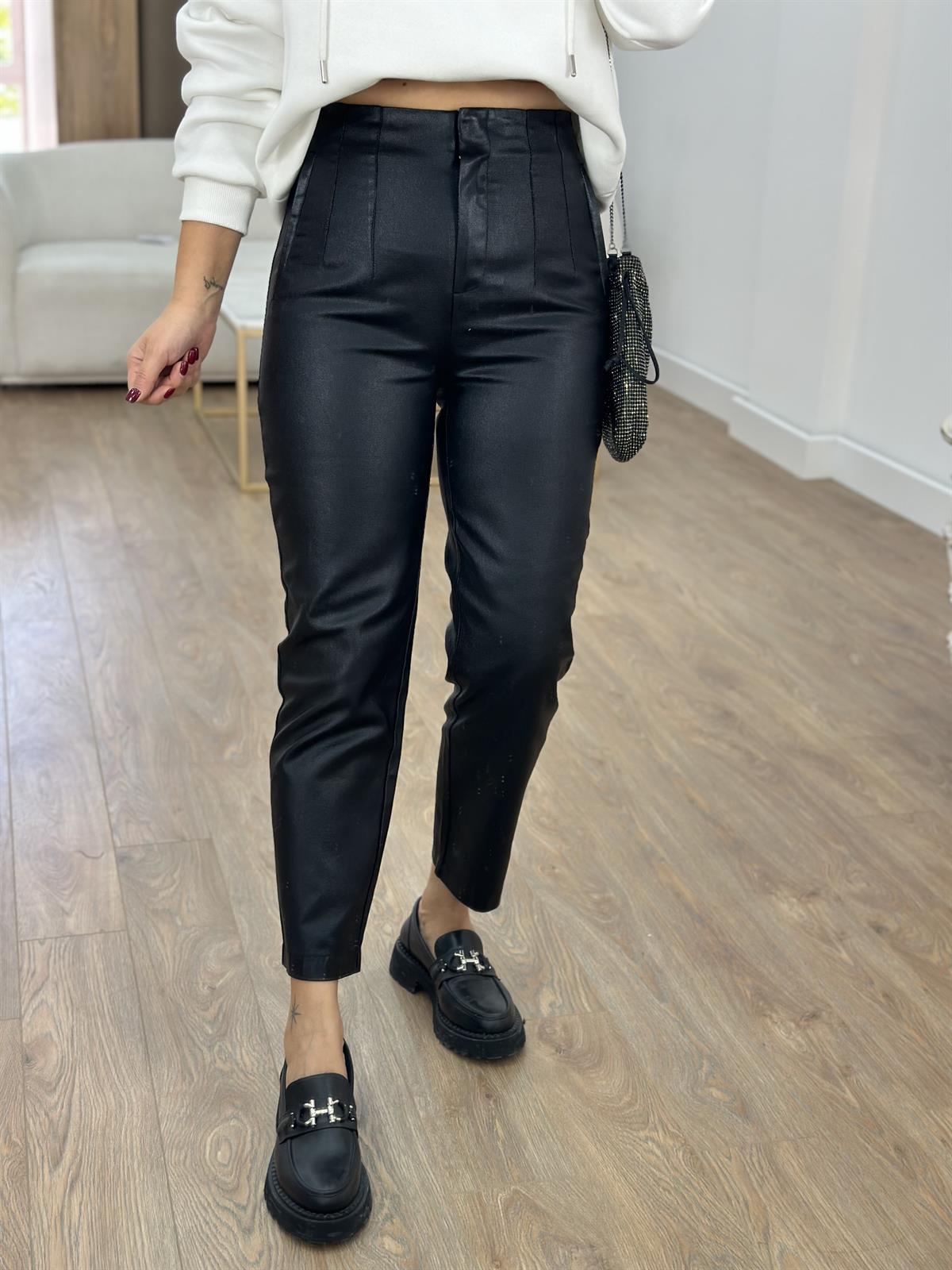 Önü Flatolu Metalik Pantolon-Siyah