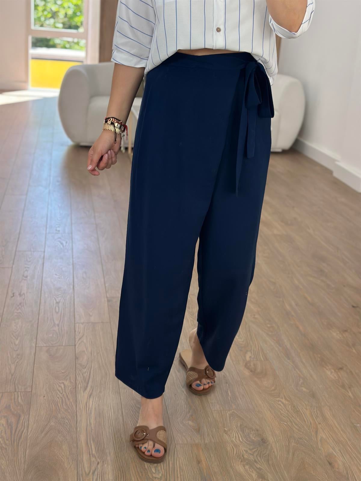 Önü Kapamalı Keten Pantolon-Lacivert