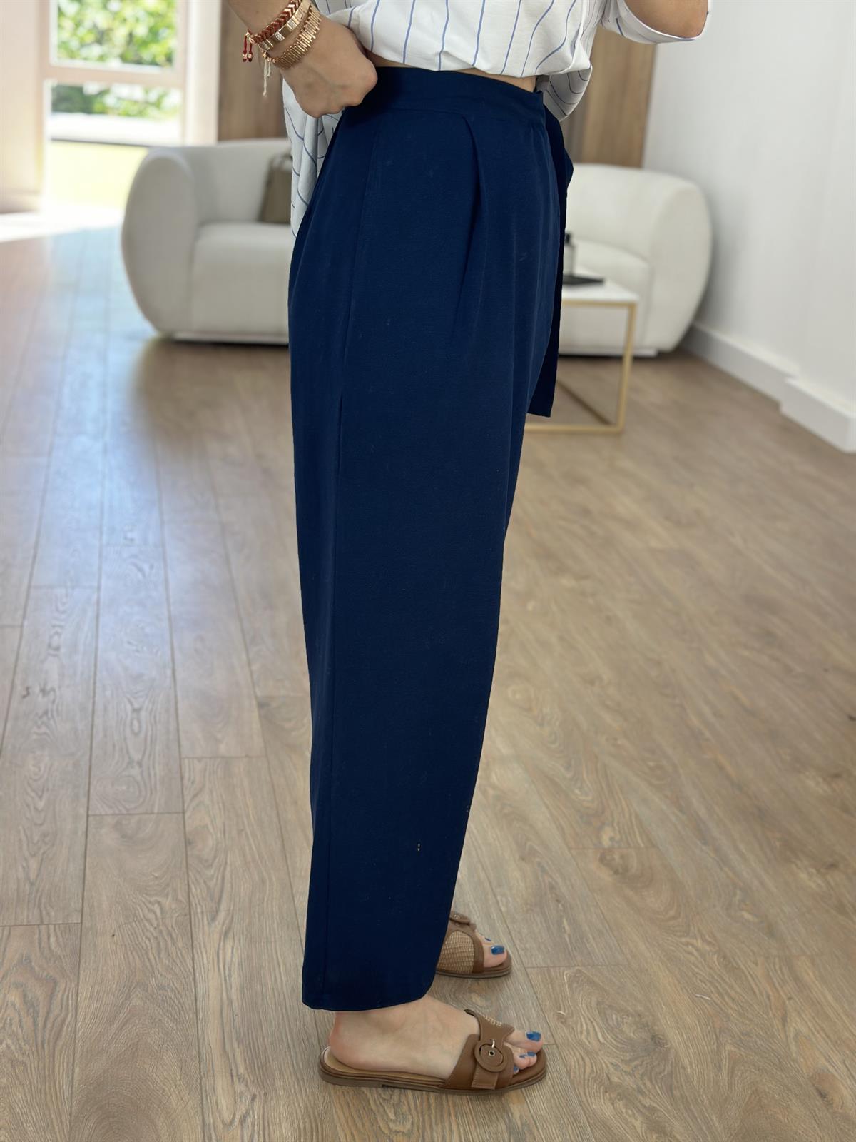 Önü Kapamalı Keten Pantolon-Lacivert