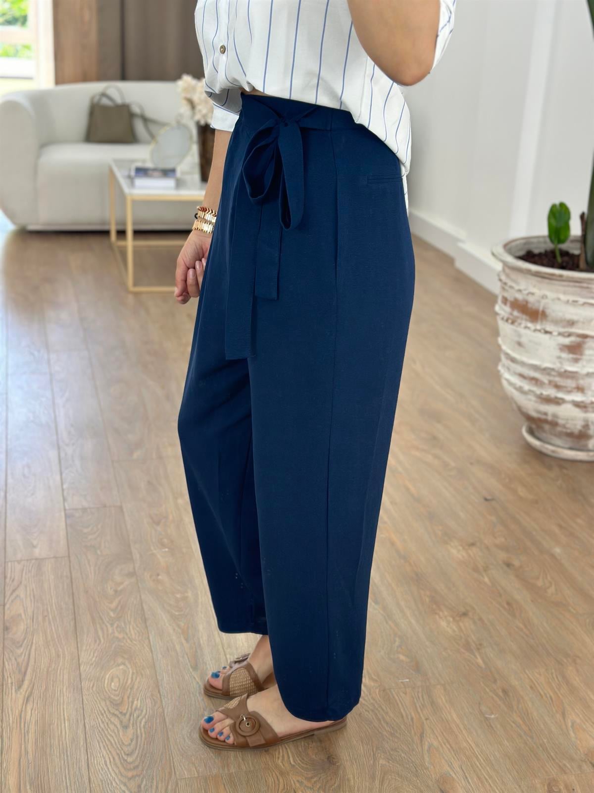 Önü Kapamalı Keten Pantolon-Lacivert