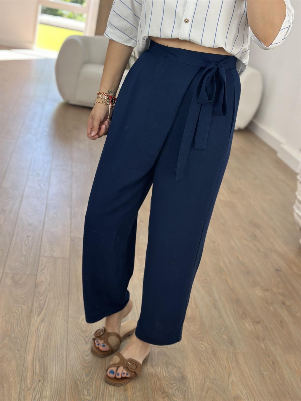 Önü Kapamalı Keten Pantolon-Lacivert