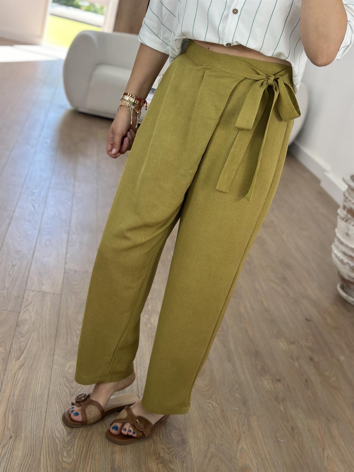 Önü Kapamalı Keten Pantolon-Olive
