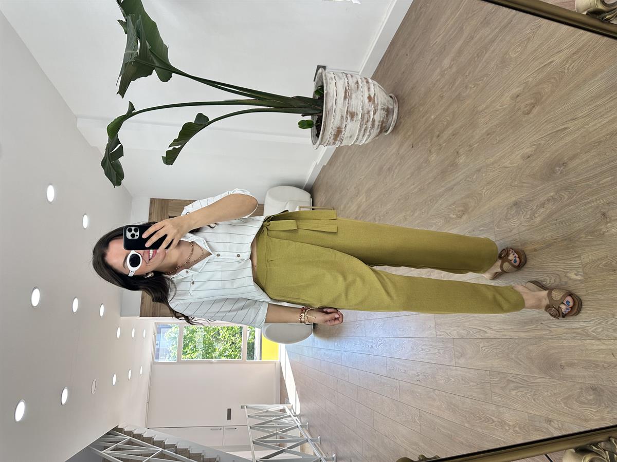 Önü Kapamalı Keten Pantolon-Olive