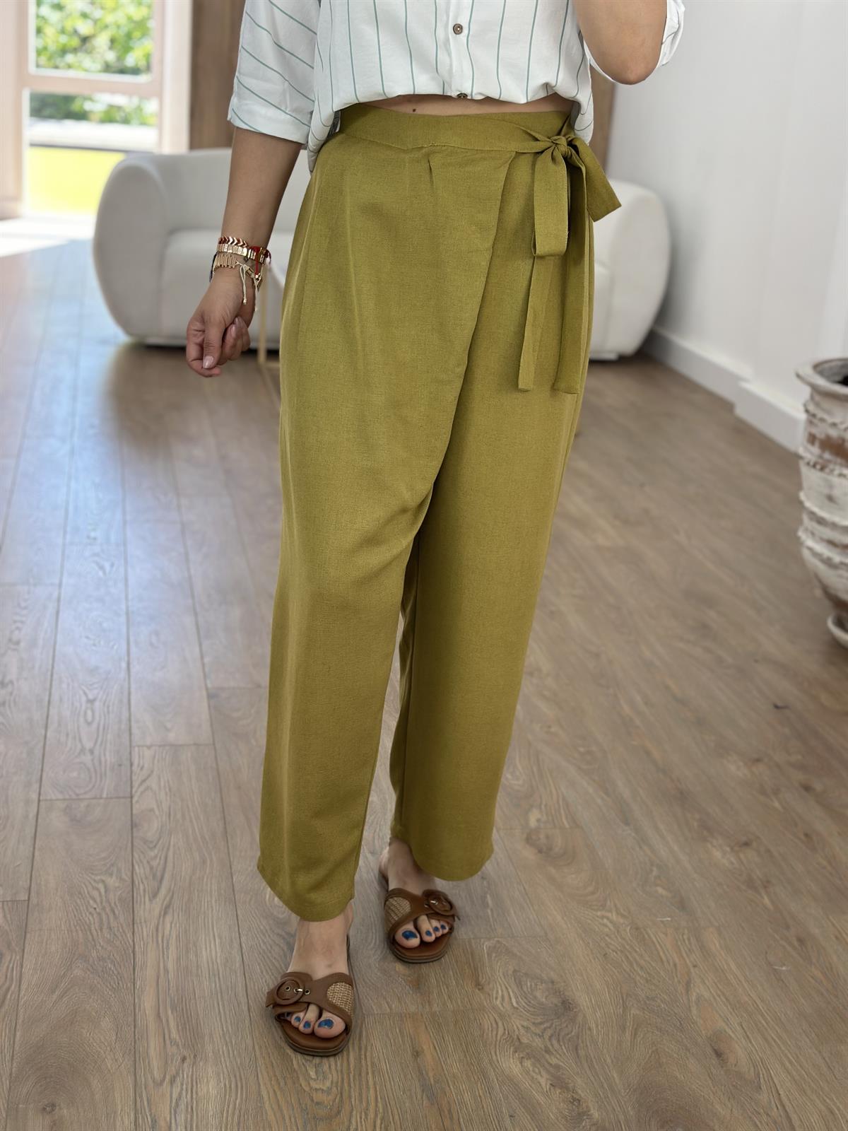 Önü Kapamalı Keten Pantolon-Olive