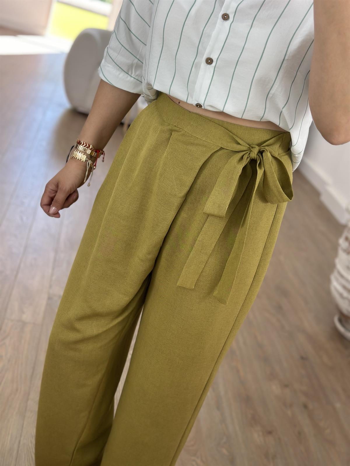Önü Kapamalı Keten Pantolon-Olive