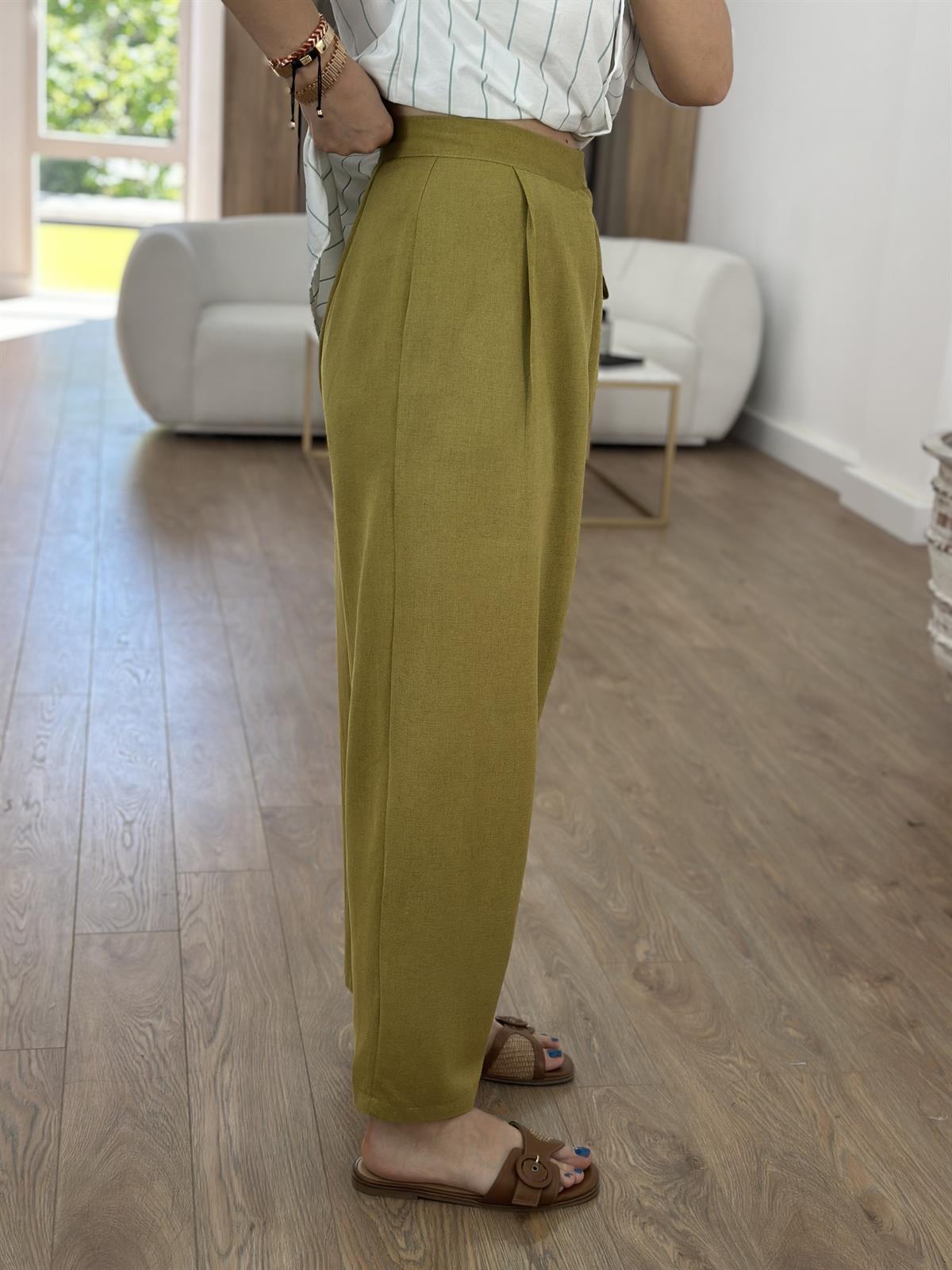Önü Kapamalı Keten Pantolon-Olive