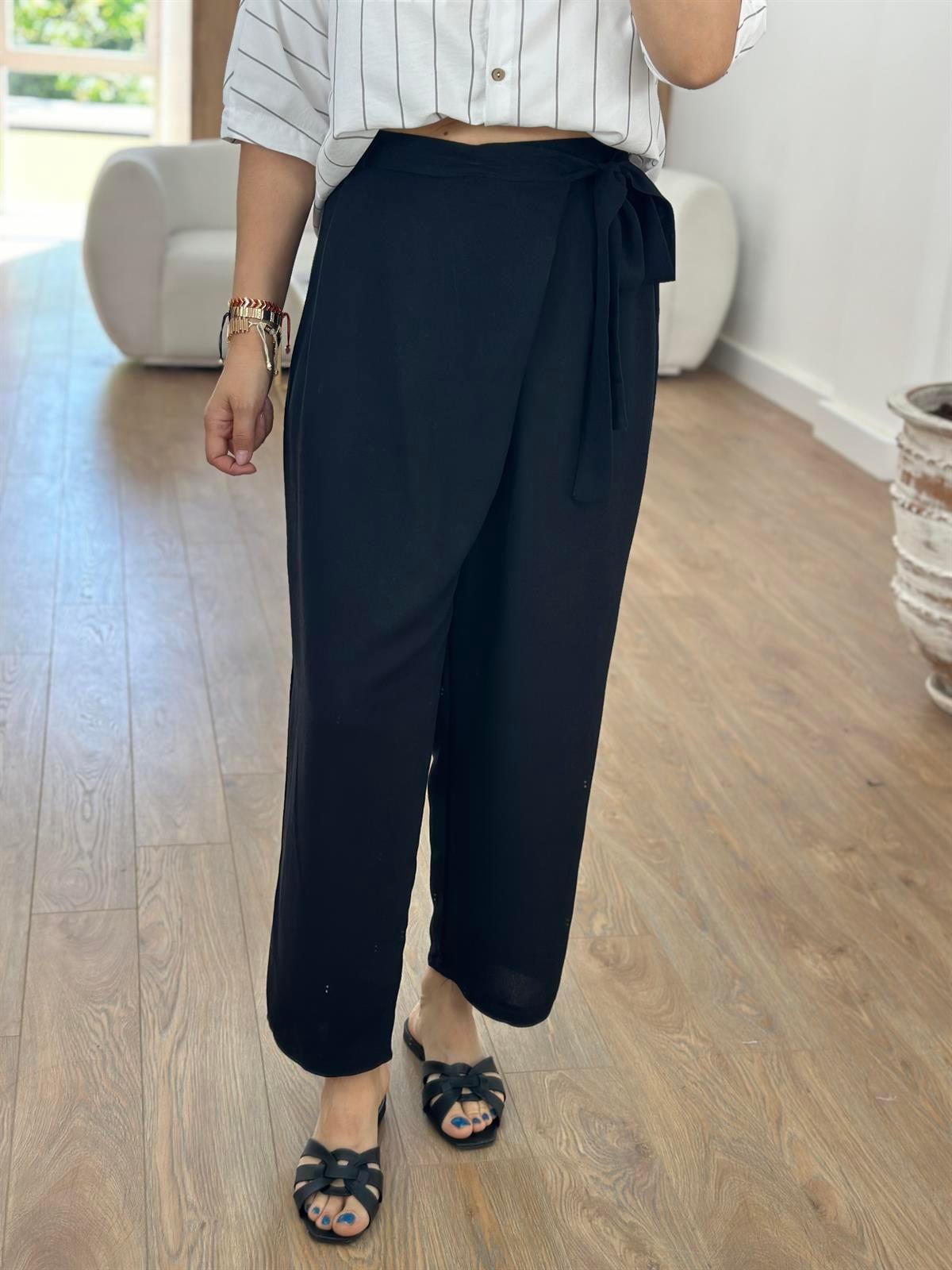 Önü Kapamalı Keten Pantolon-Siyah