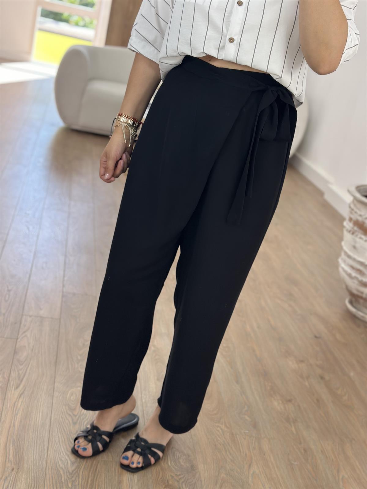 Önü Kapamalı Keten Pantolon-Siyah