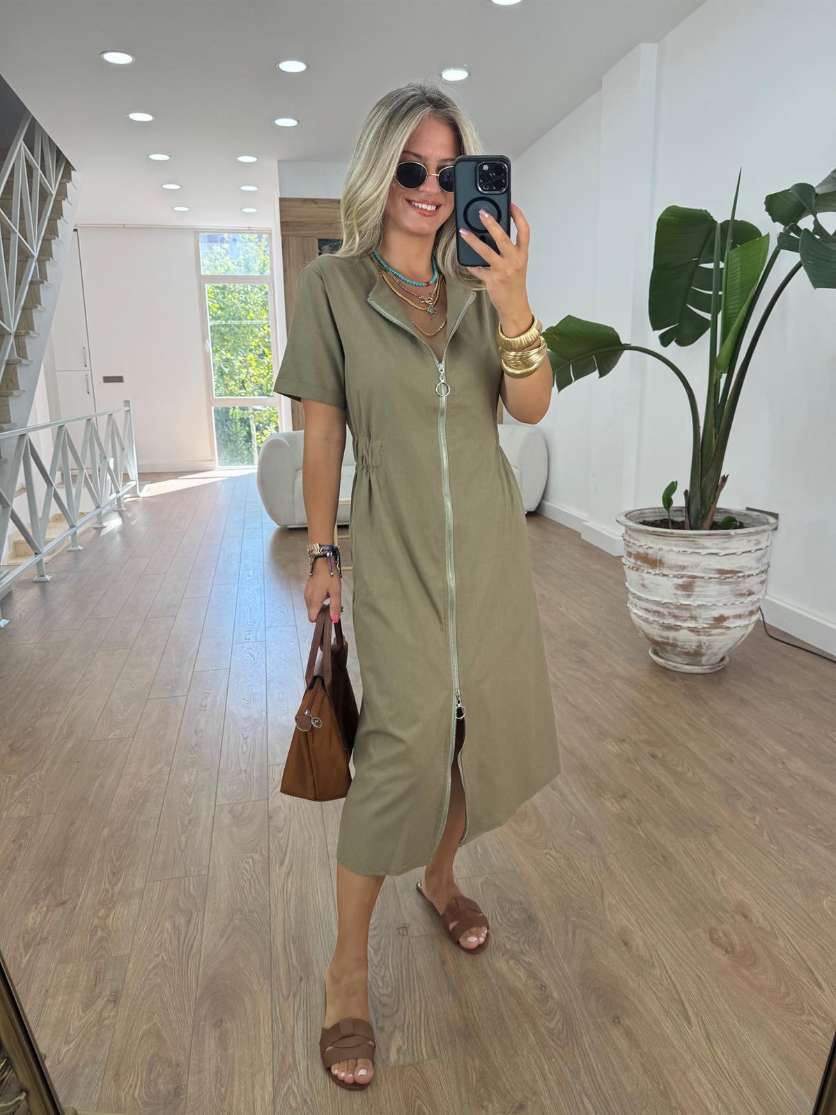 Önü Komple Fermuarlı Keten Dokulu Midi Elbise - Haki