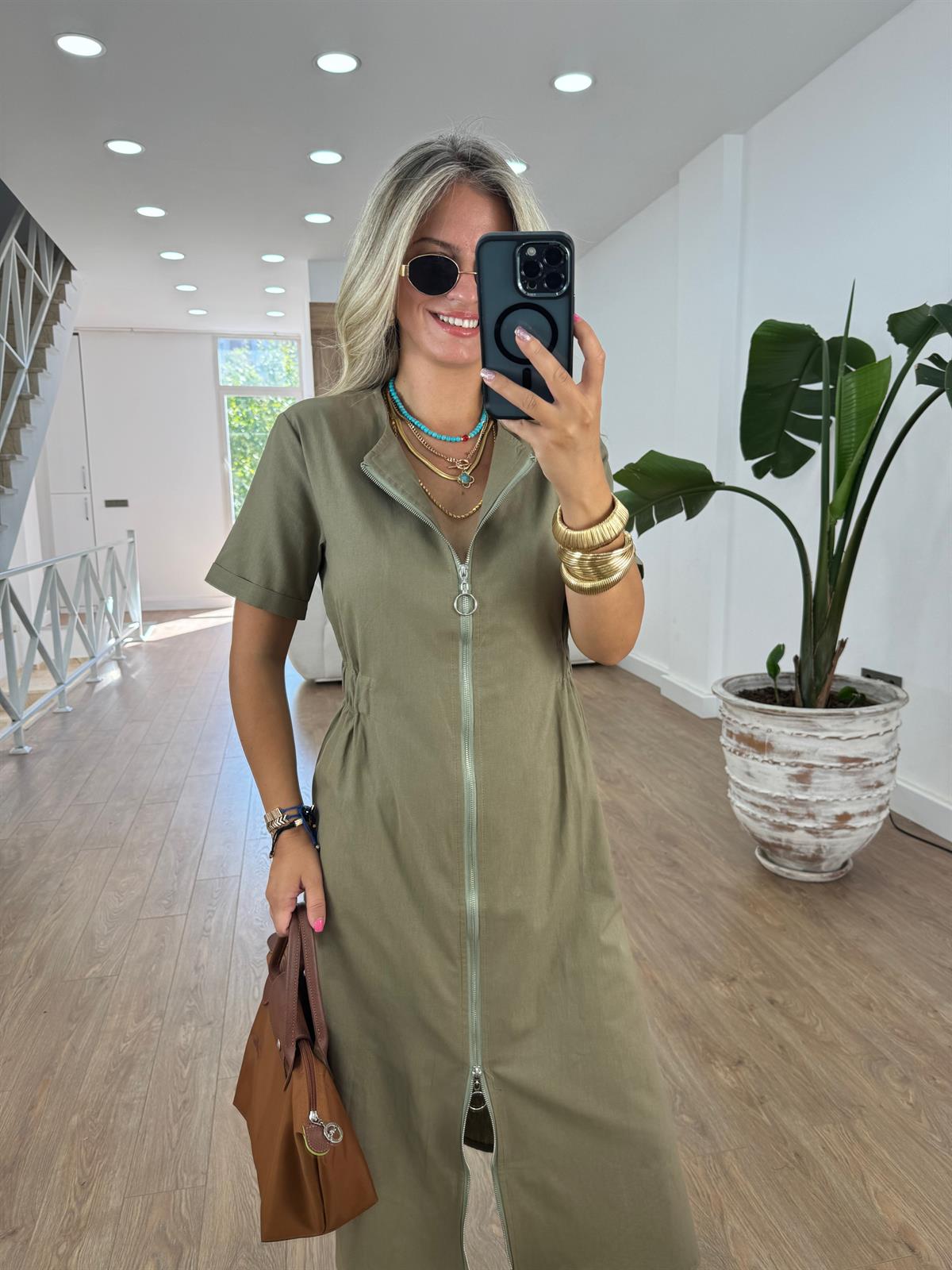 Önü Komple Fermuarlı Keten Dokulu Midi Elbise - Haki