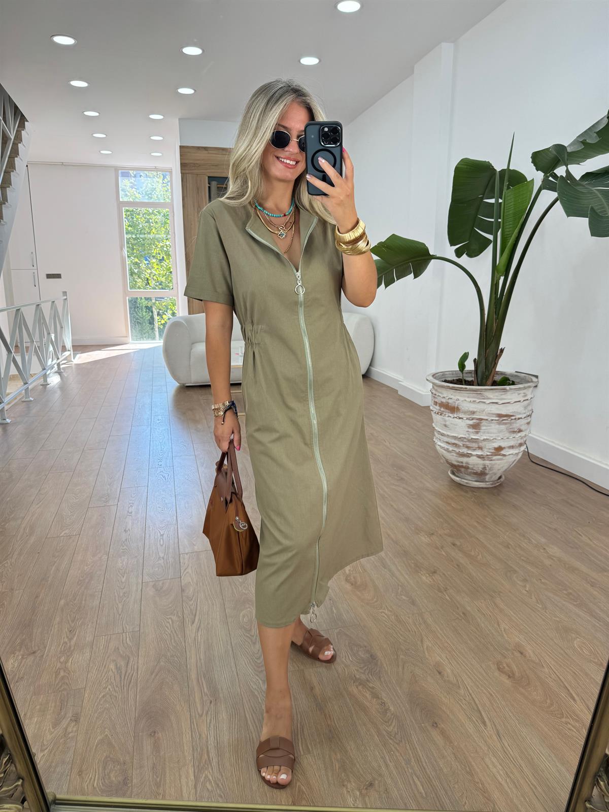 Önü Komple Fermuarlı Keten Dokulu Midi Elbise - Haki