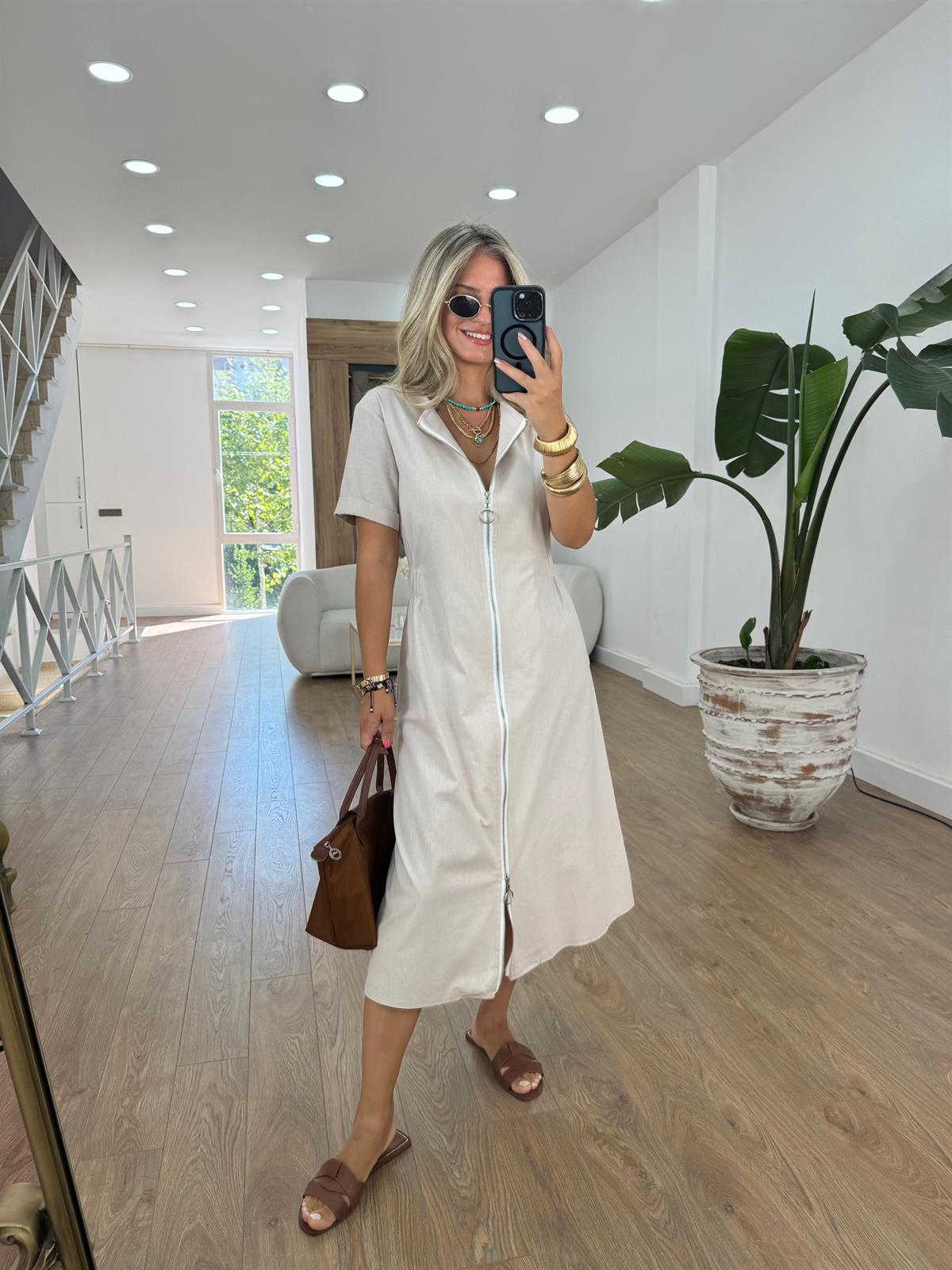 Önü Komple Fermuarlı Keten Dokulu Midi Elbise - Taş