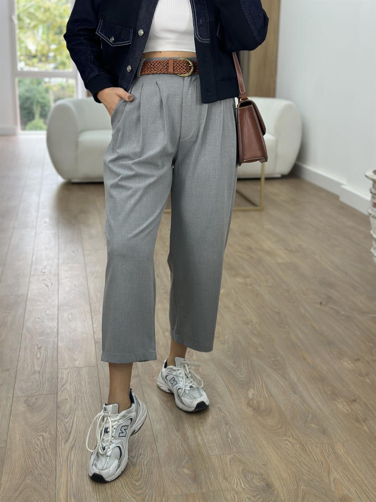 Önü Pileli Şalvar Pantolon-Gri