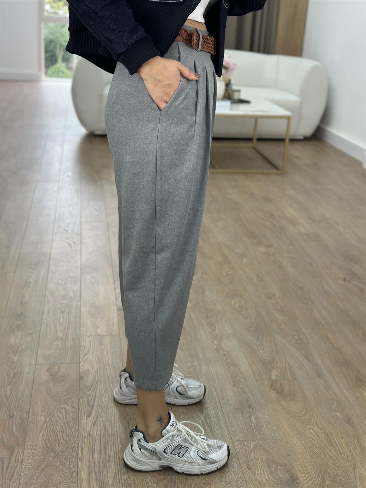 Önü Pileli Şalvar Pantolon-Gri