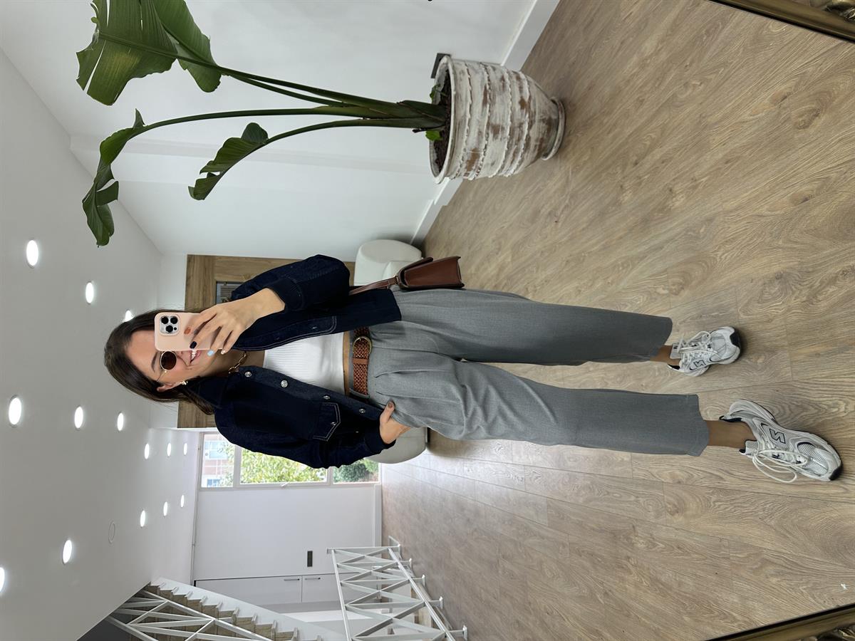 Önü Pileli Şalvar Pantolon-Gri