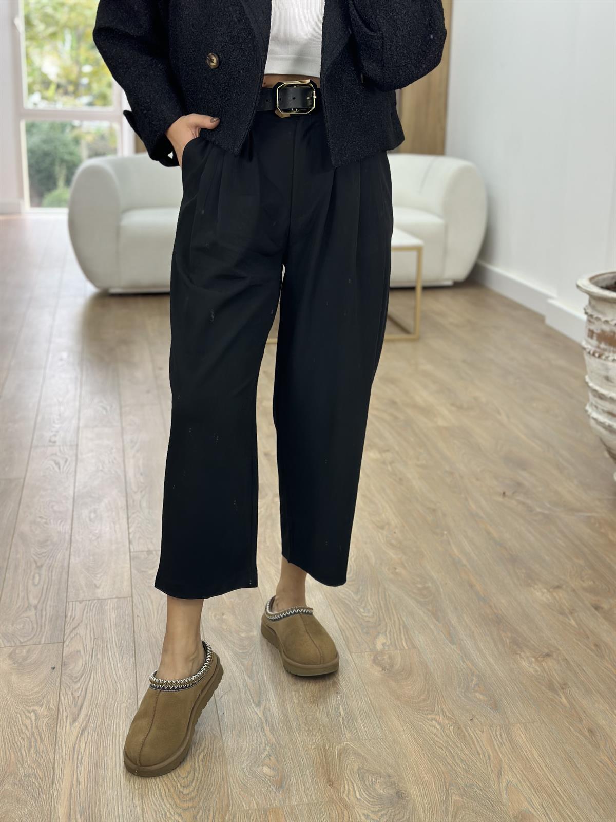 Önü Pileli Şalvar Pantolon-Siyah