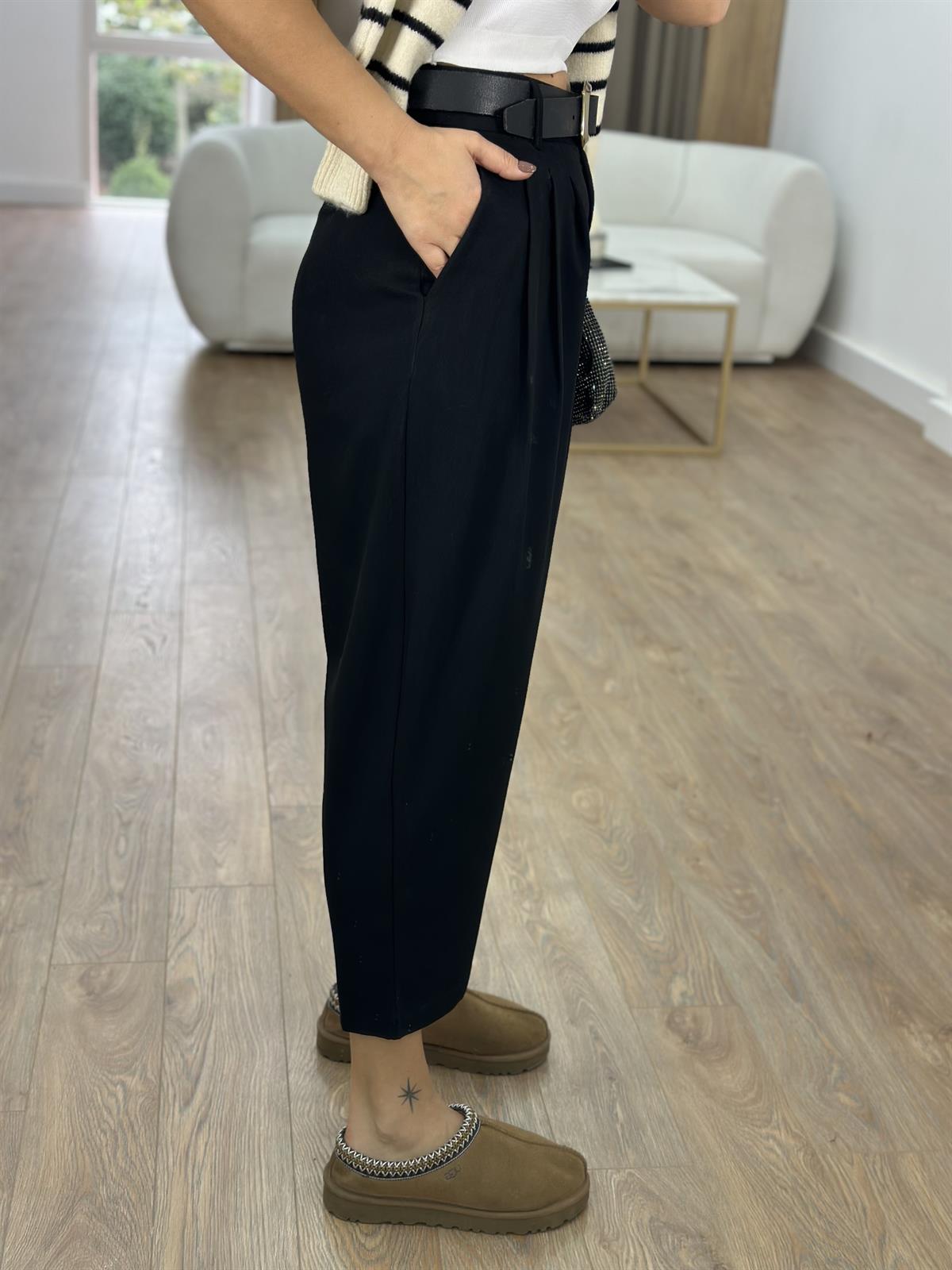 Önü Pileli Şalvar Pantolon-Siyah