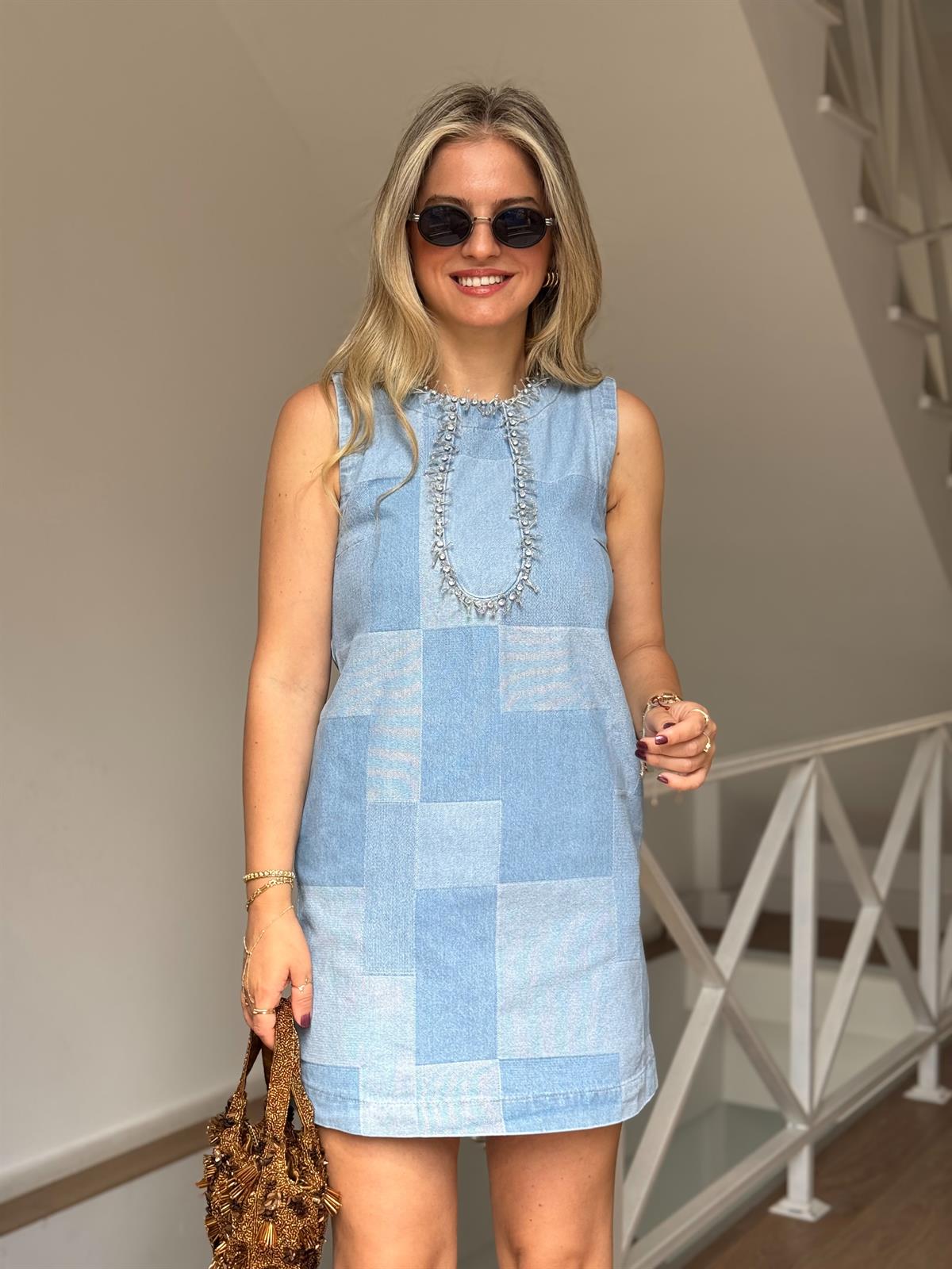 Önü Taş Detaylı Mini Denim Elbise 