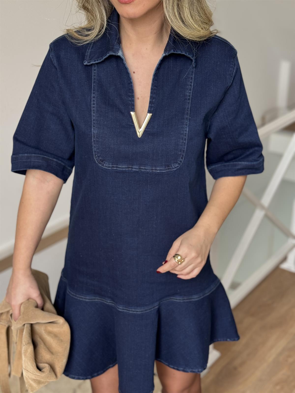 Önü Tokalı Mini Denim Elbise