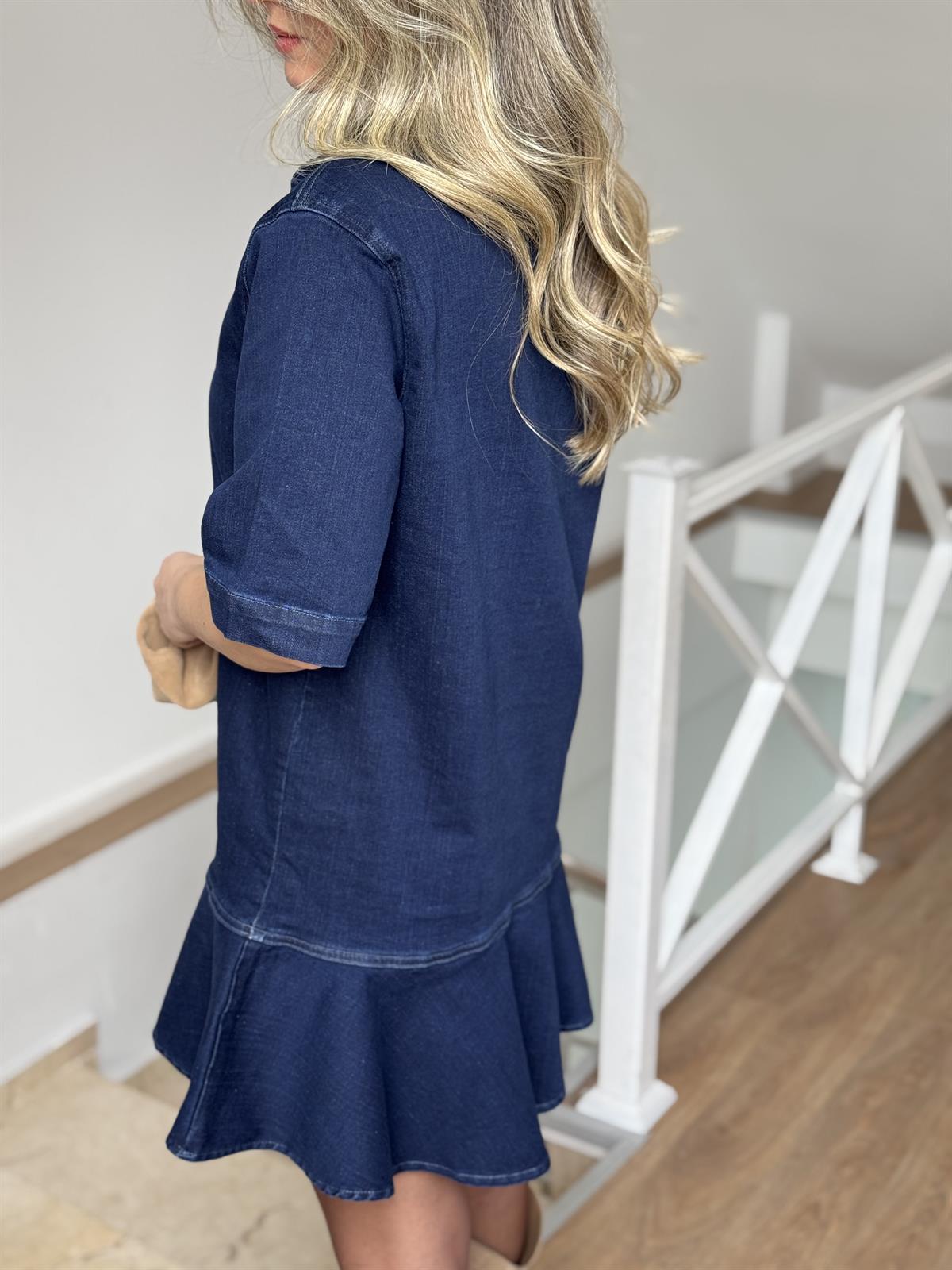 Önü Tokalı Mini Denim Elbise