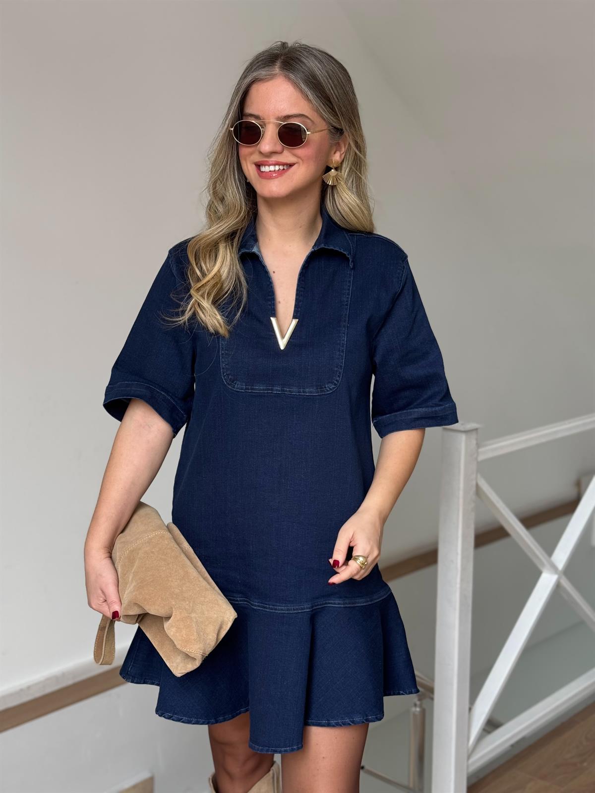 Önü Tokalı Mini Denim Elbise