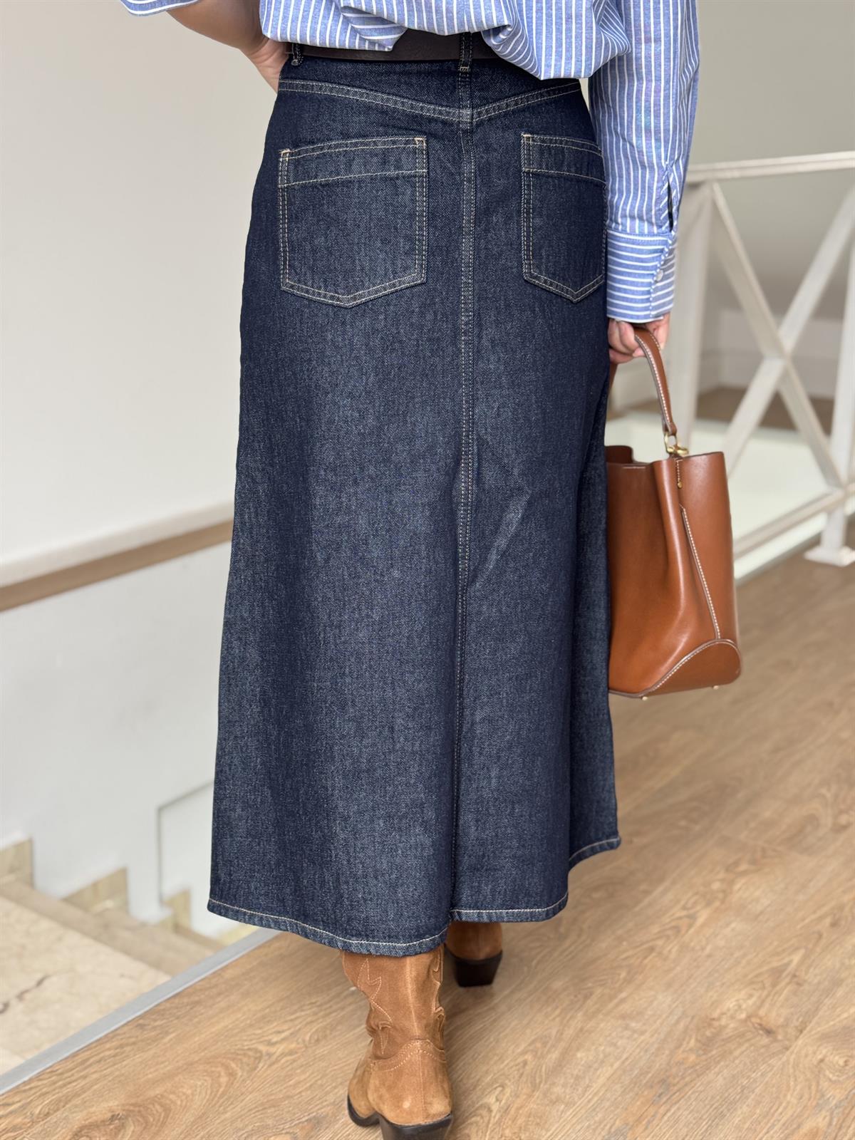 Önü Yırtmaçlı Cep Detaylı Denim Etek