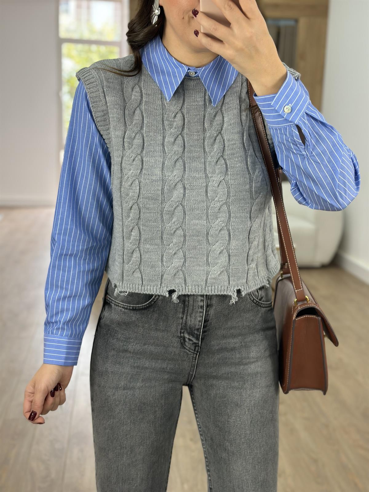 Örgü Desen Süveterli Poplin Gömlek