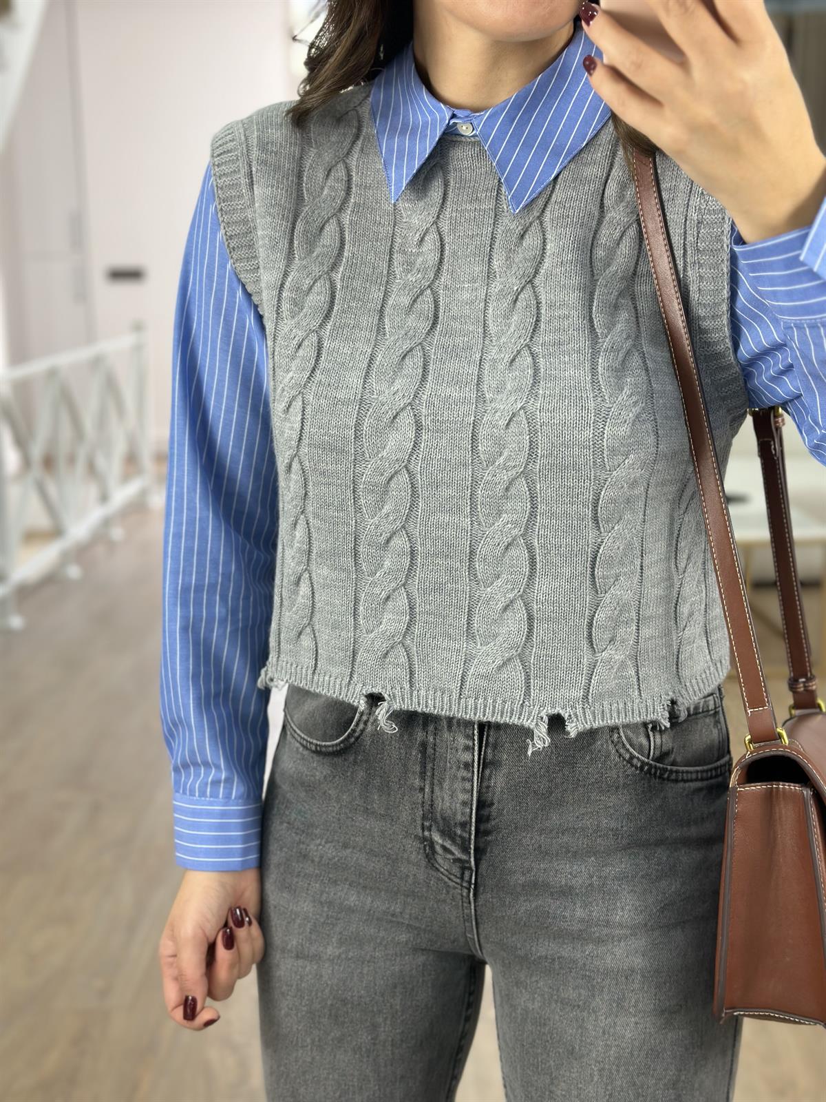 Örgü Desen Süveterli Poplin Gömlek