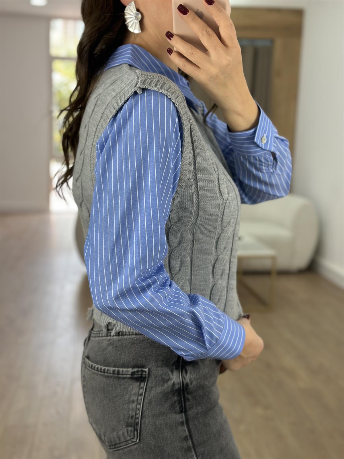 Örgü Desen Süveterli Poplin Gömlek