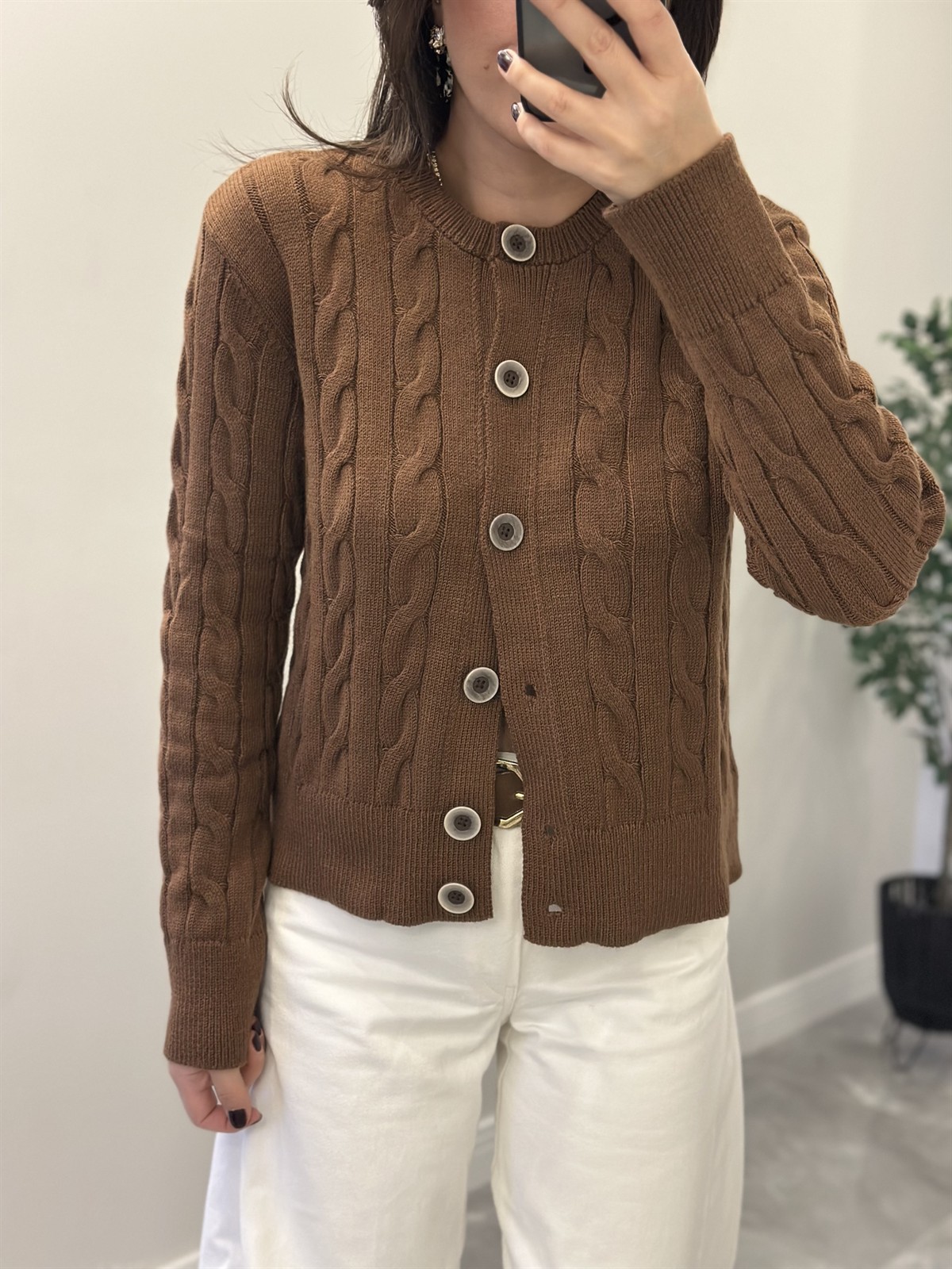 Örgü Desenli Hırka - Kahverengi