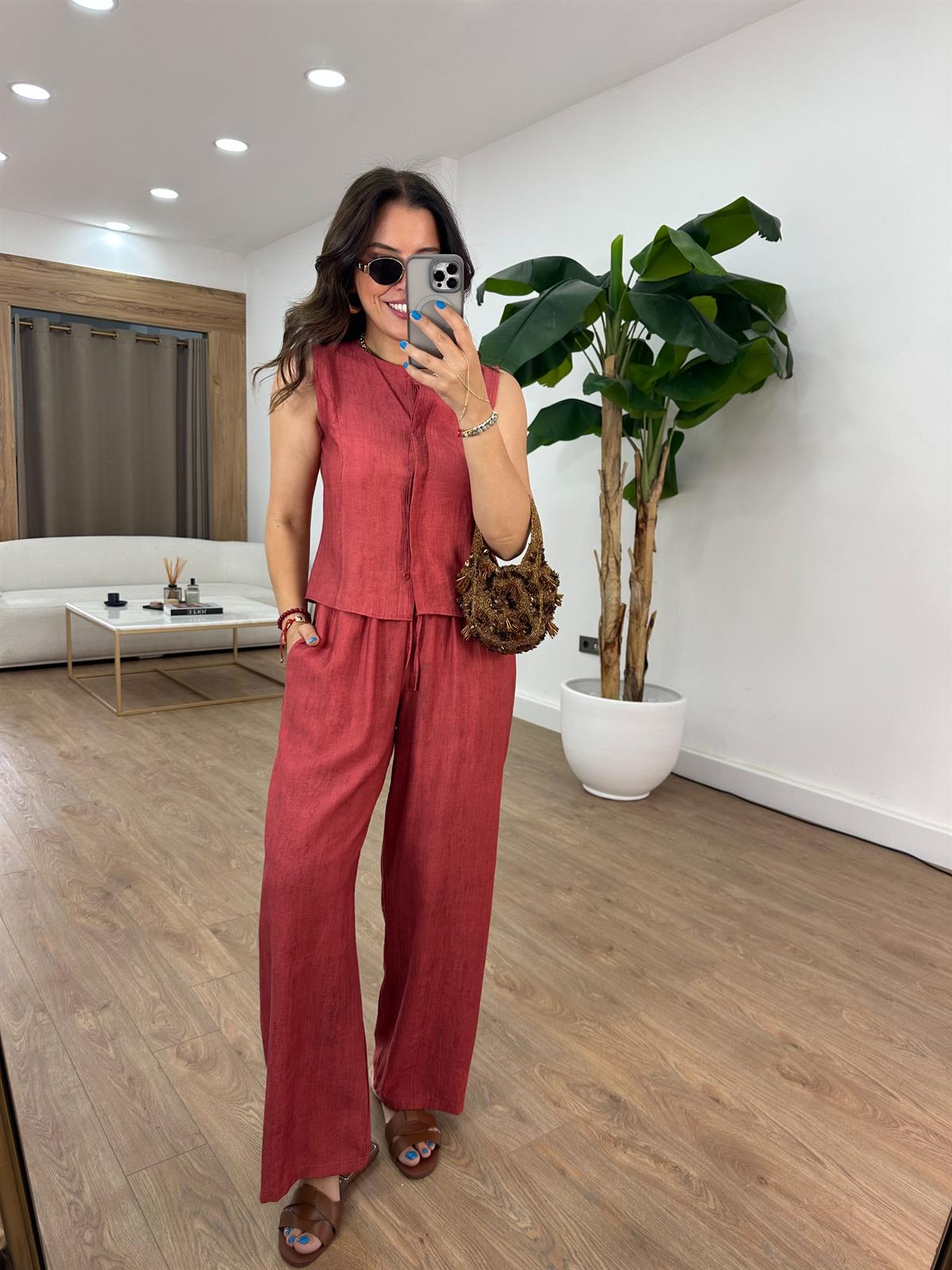 Orijinal Marka Beli Lastikli Pantolon Yelek Takım - Kiremit