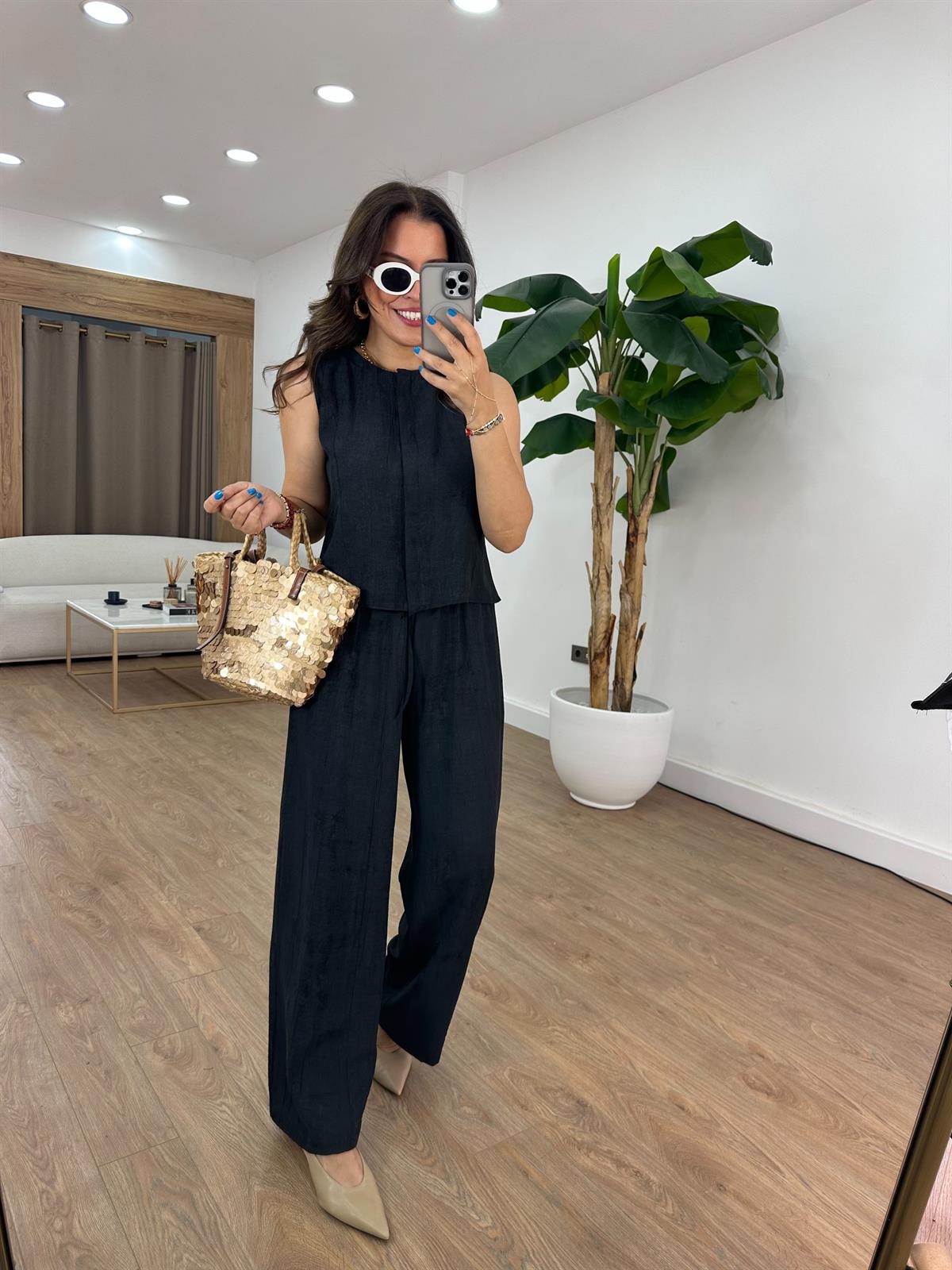 Orijinal Marka Beli Lastikli Pantolon Yelek Takım - Siyah