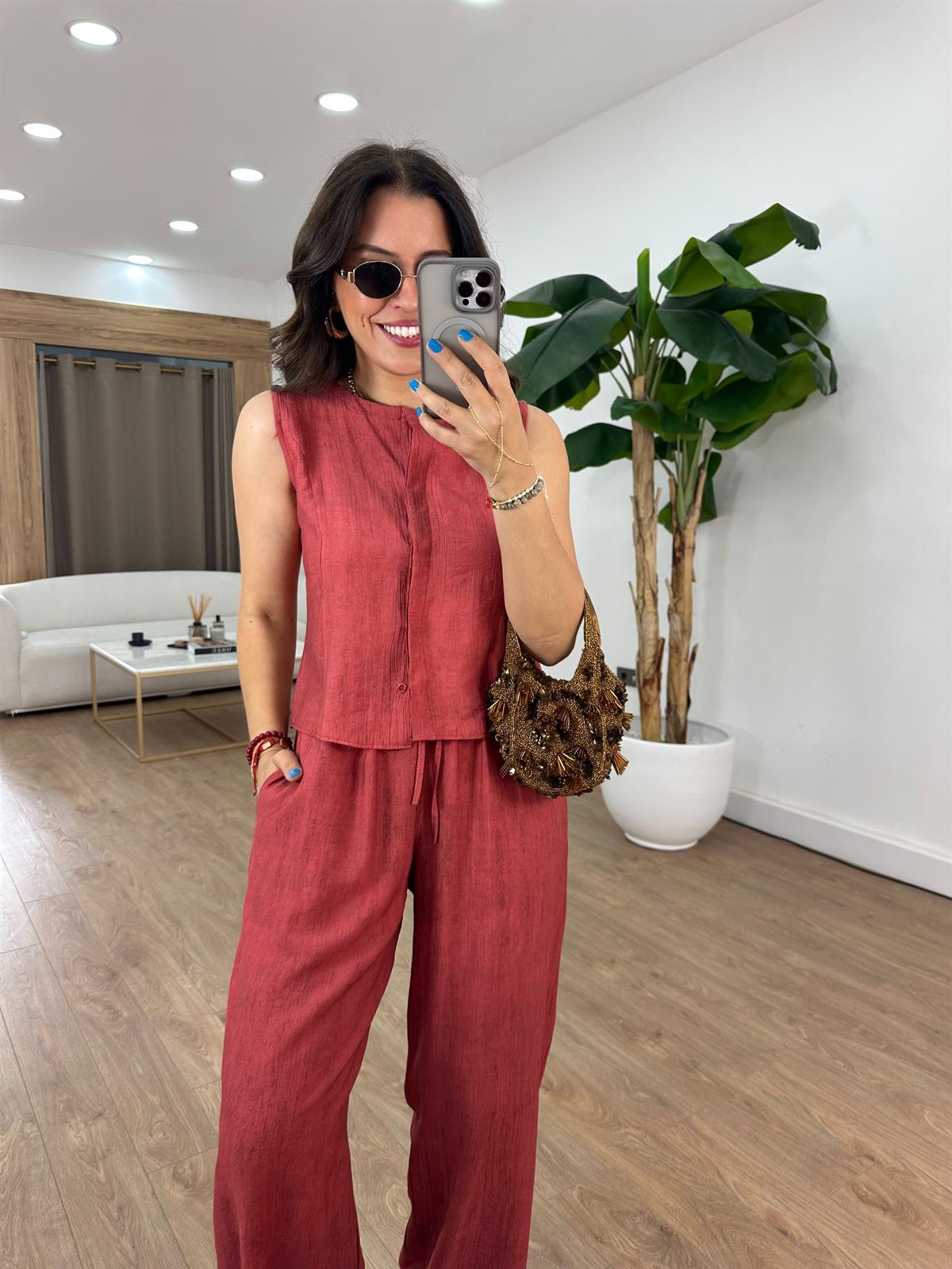 Orijinal Marka Beli Lastikli Pantolon Yelek Takım - Kiremit