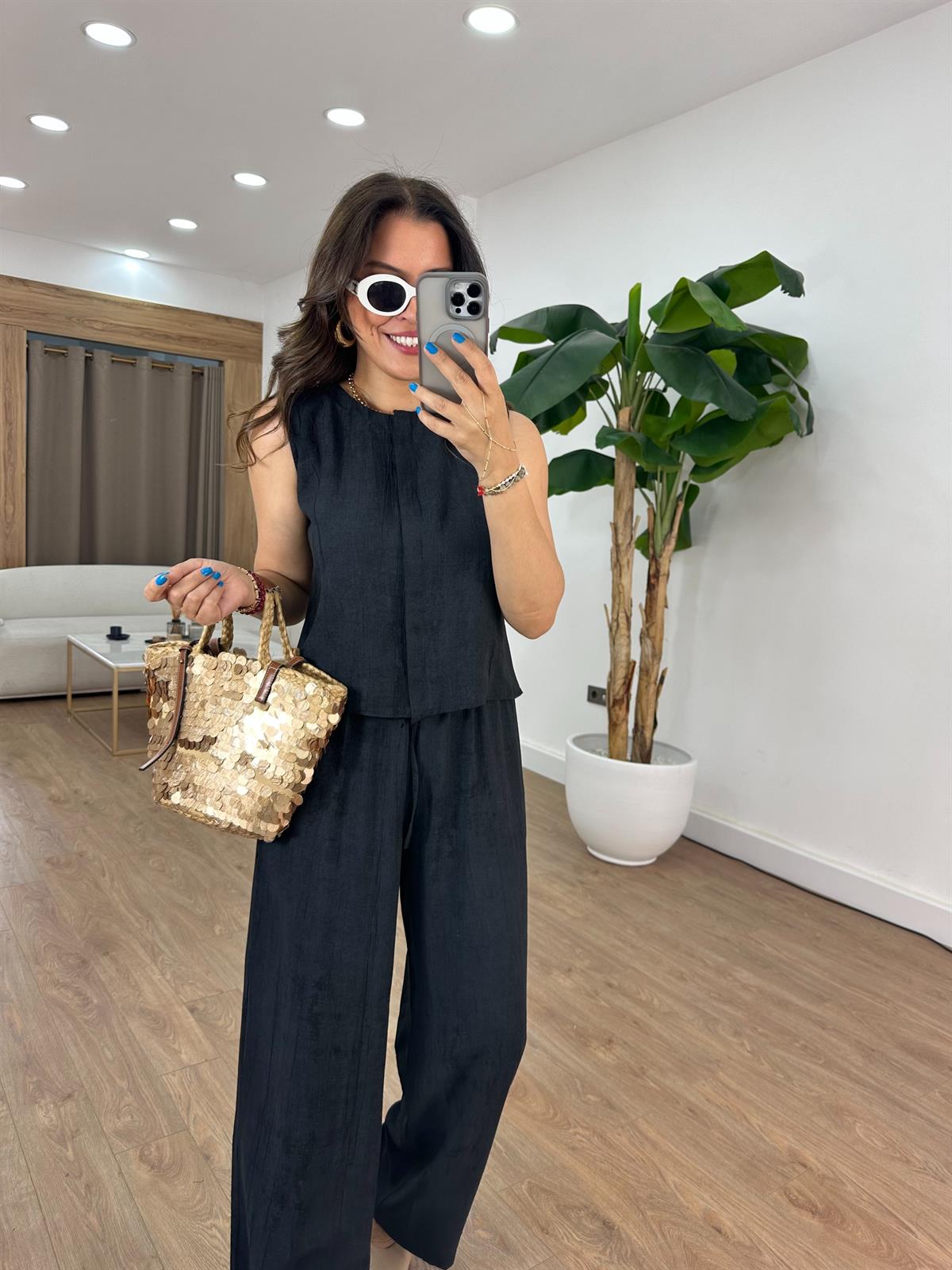 Orijinal Marka Beli Lastikli Pantolon Yelek Takım - Siyah