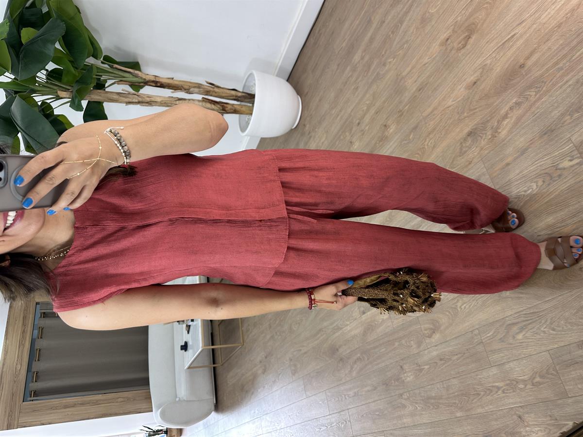 Orijinal Marka Beli Lastikli Pantolon Yelek Takım - Kiremit