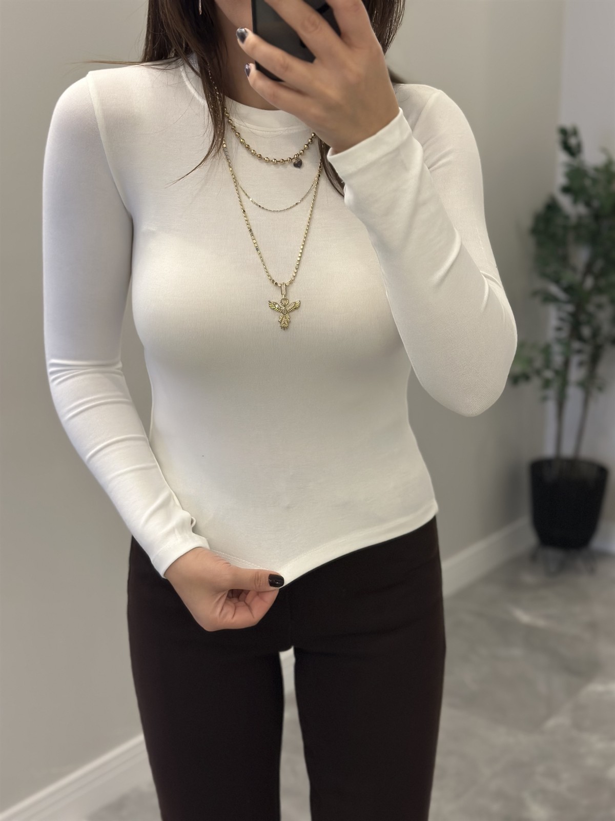 Orijinal Marka Bisiklet Yaka Basic Bluz - Beyaz